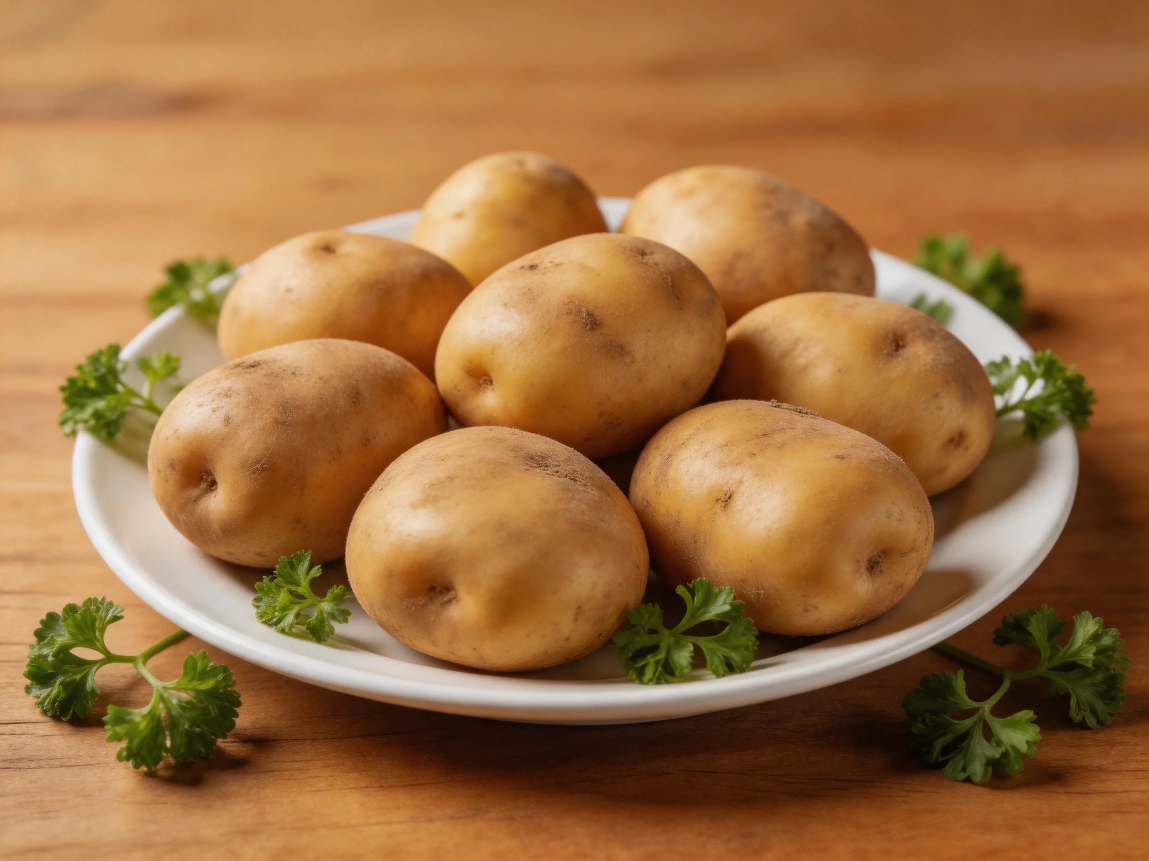 A white plate holds eight golden potatoes with fresh green herb decorations