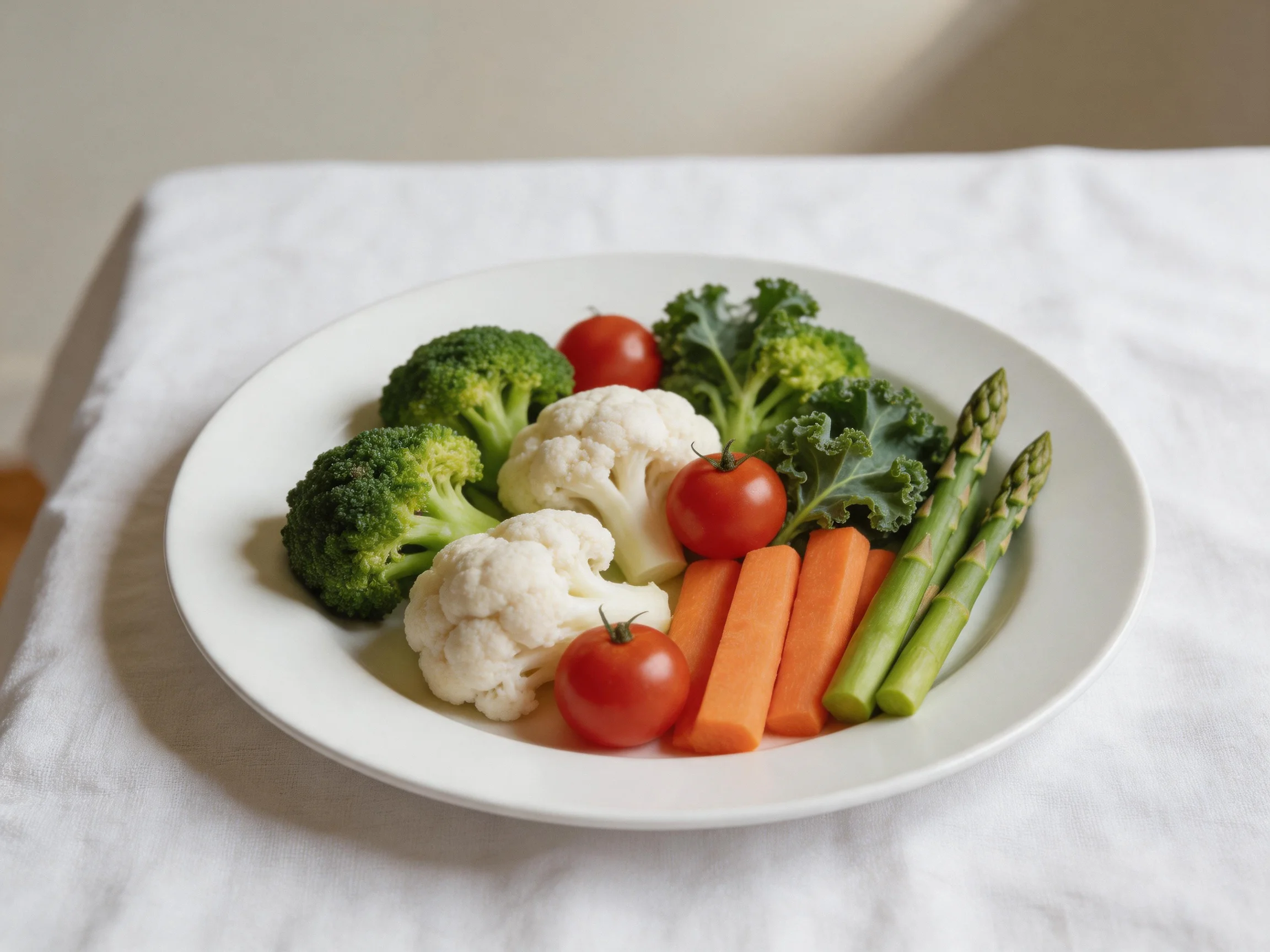 A white plate holds fresh vegetables including broccoli, cauliflower, cherry tomatoes, kale, carrots,