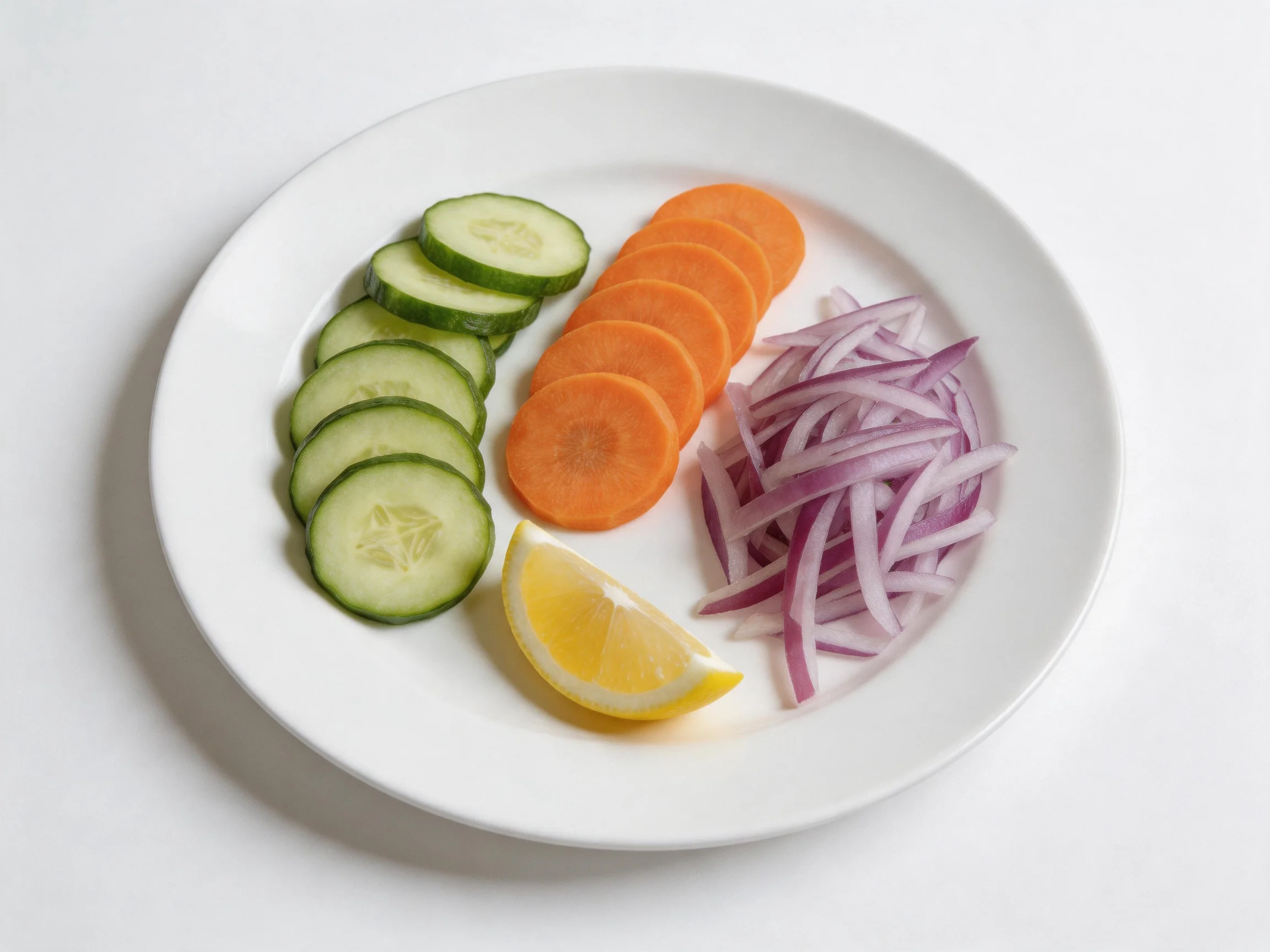 A white plate holds sliced cucumbers, orange carrots, purple onions, and a lemon wedge.