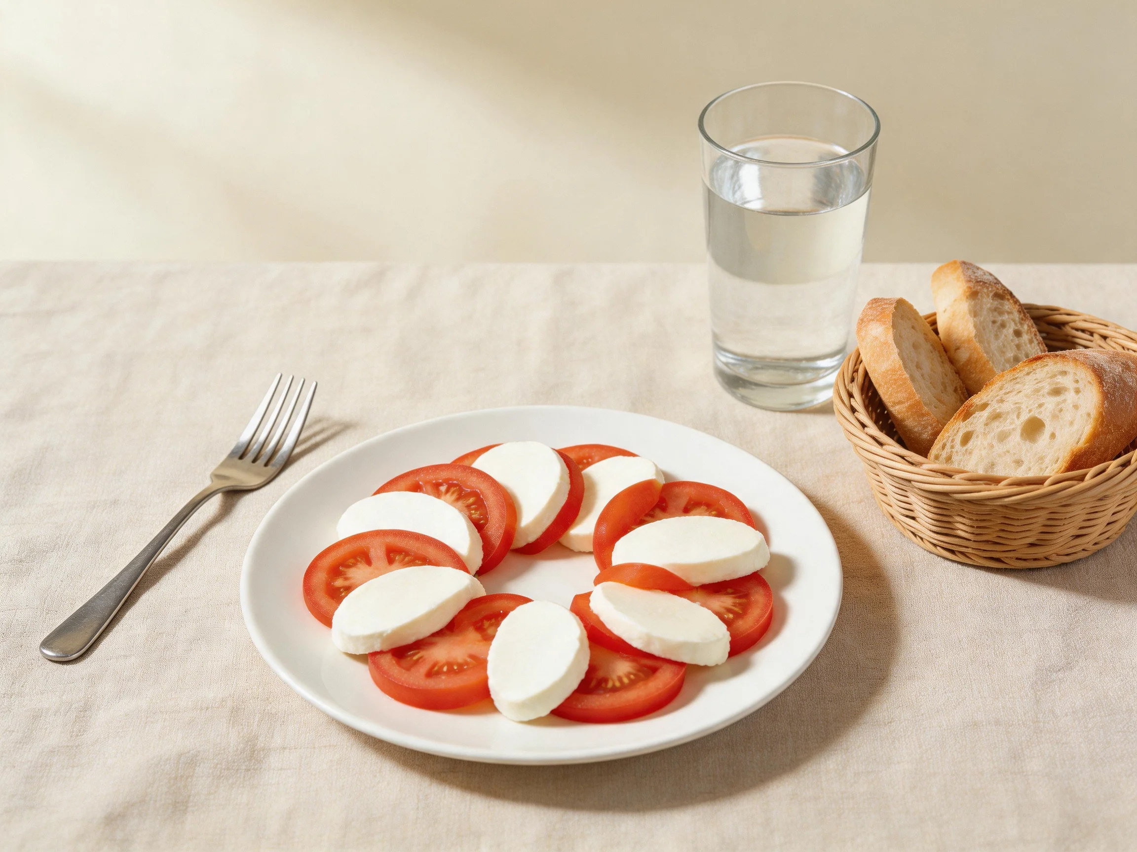 A white plate holds tomato and mozzarella slices, with bread and water nearby