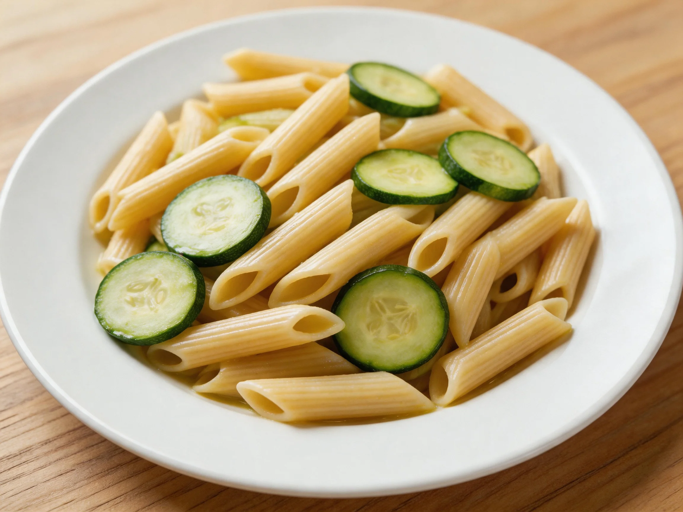 A white plate of penne pasta with cucumber slices