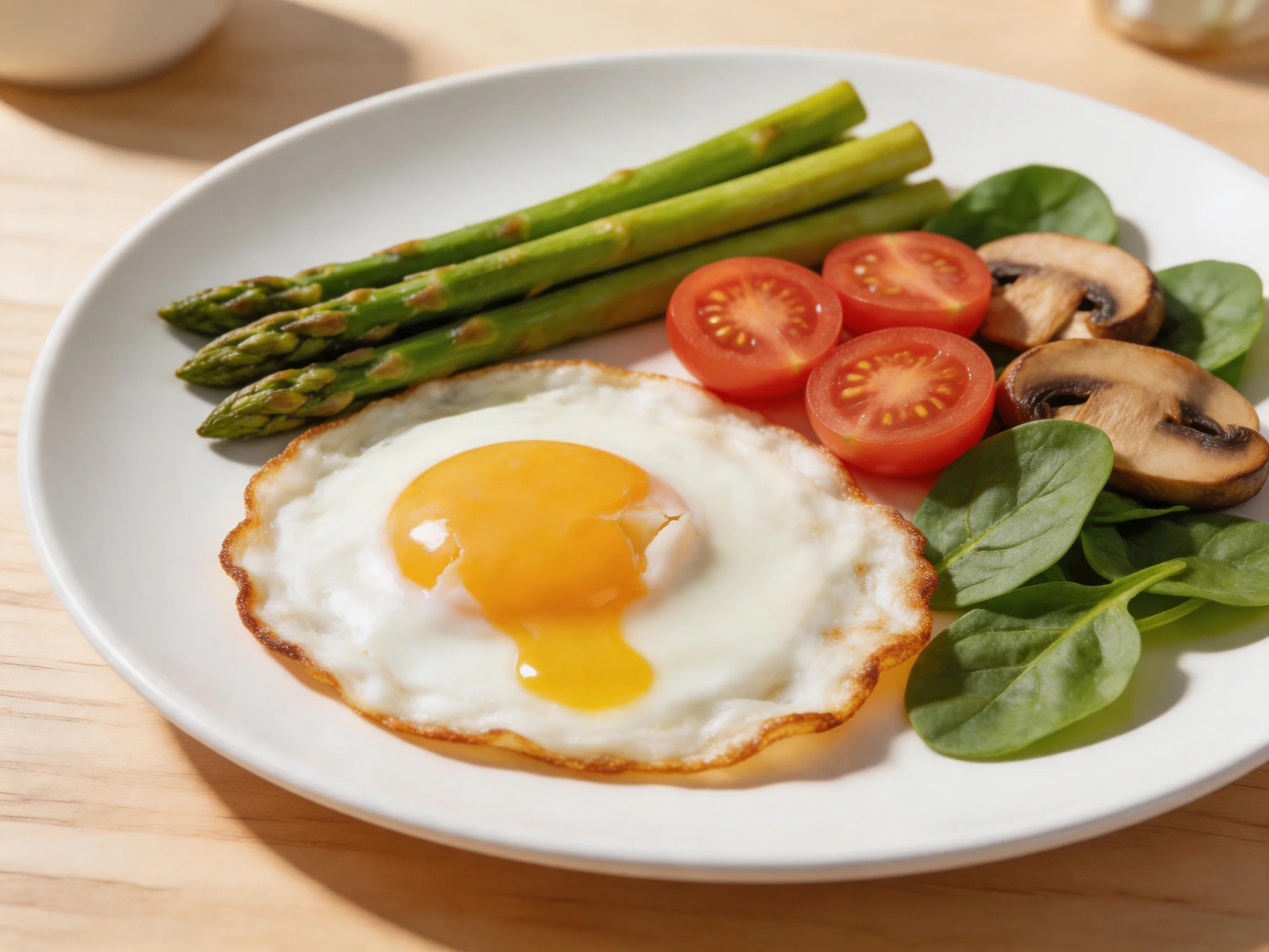 A white plate presents a fried egg, asparagus, cherry tomatoes, mushrooms, and spinach