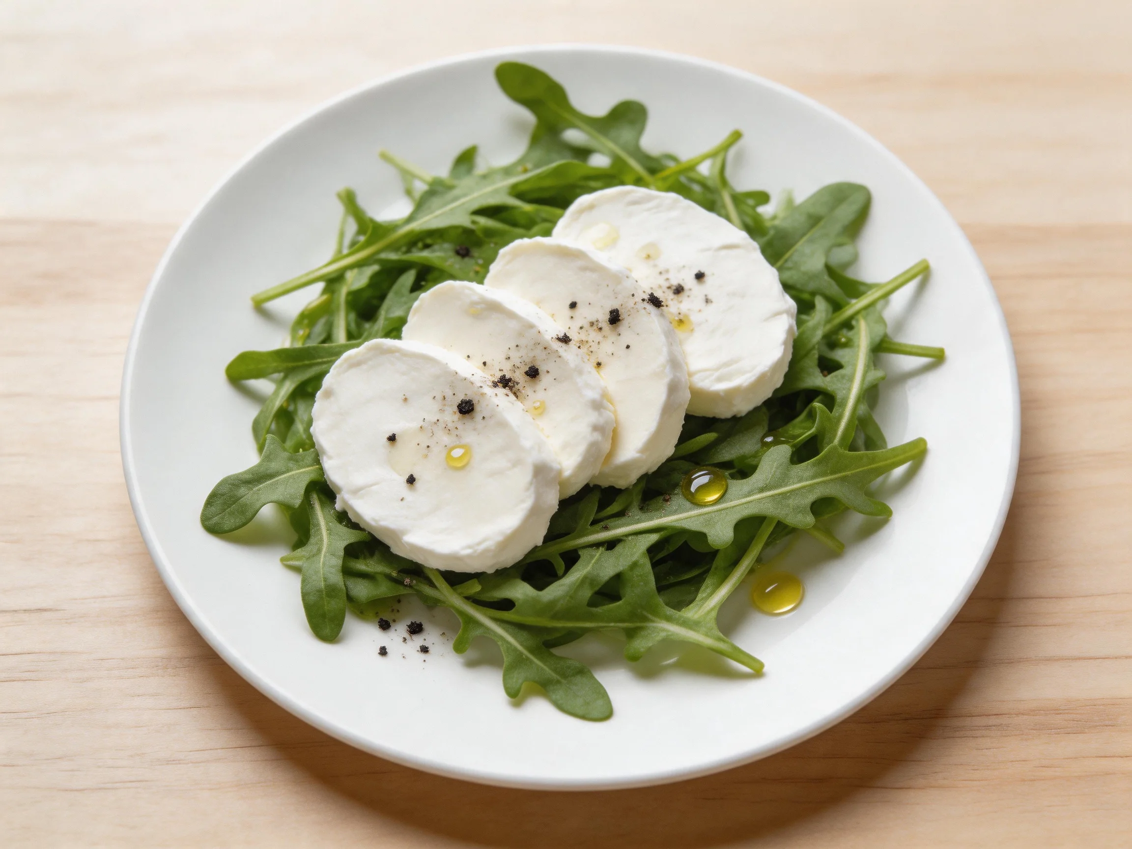 A white plate presents arugula, soft cheese slices, and olive oil