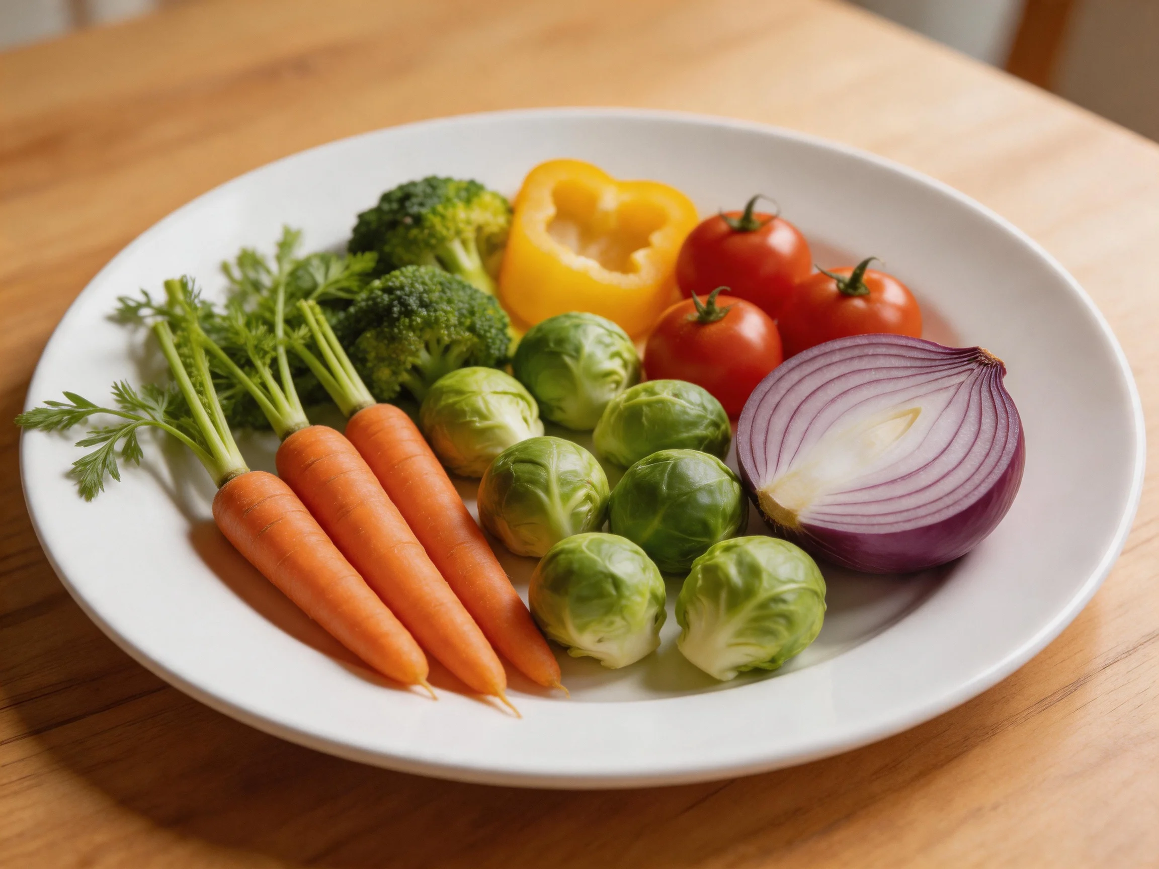 A white plate presents assorted fresh vegetables like carrots, broccoli, yellow bell pepper, cherry t
