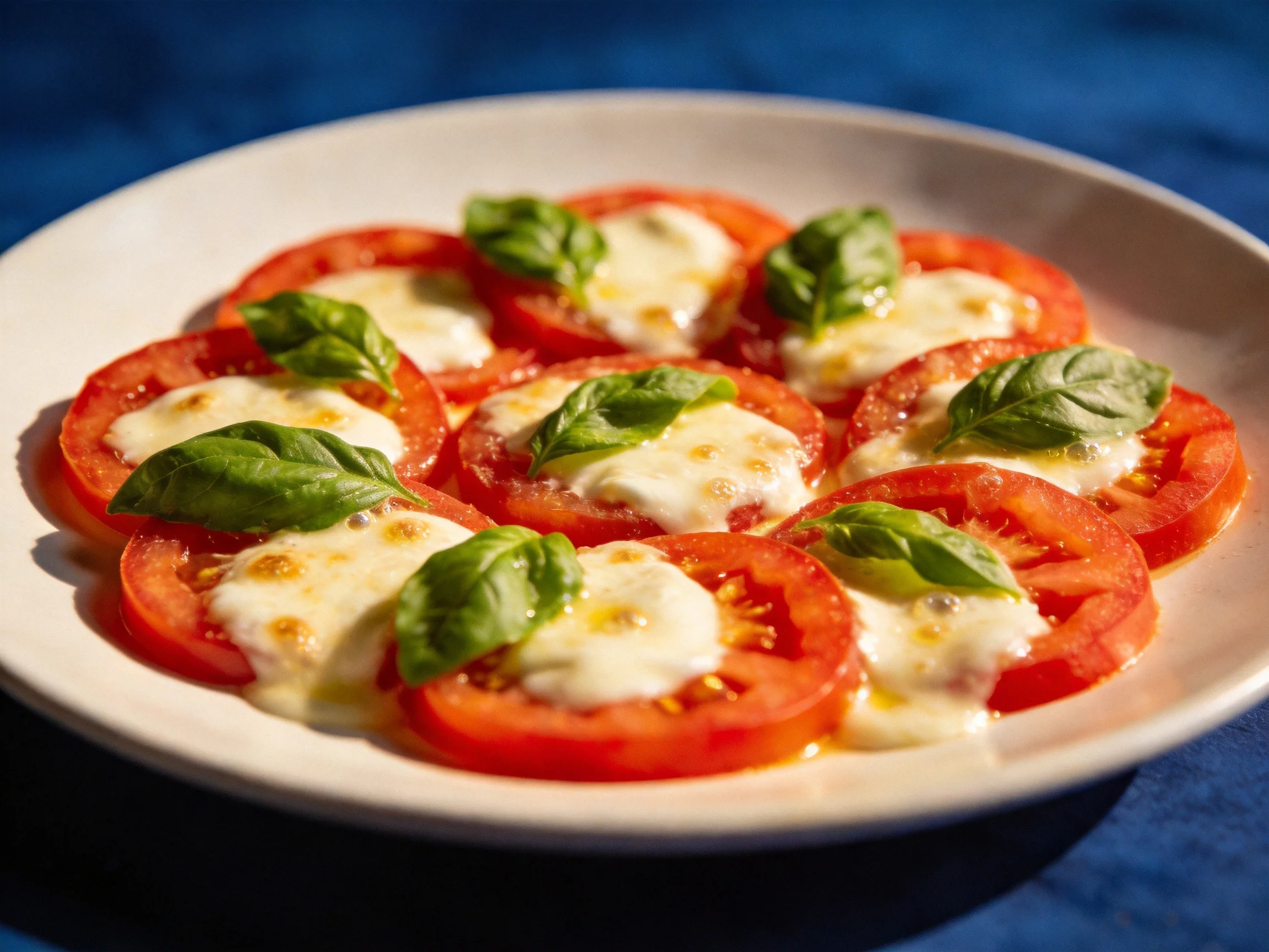 A white plate presents fresh tomato mozzarella slices with basil garnish