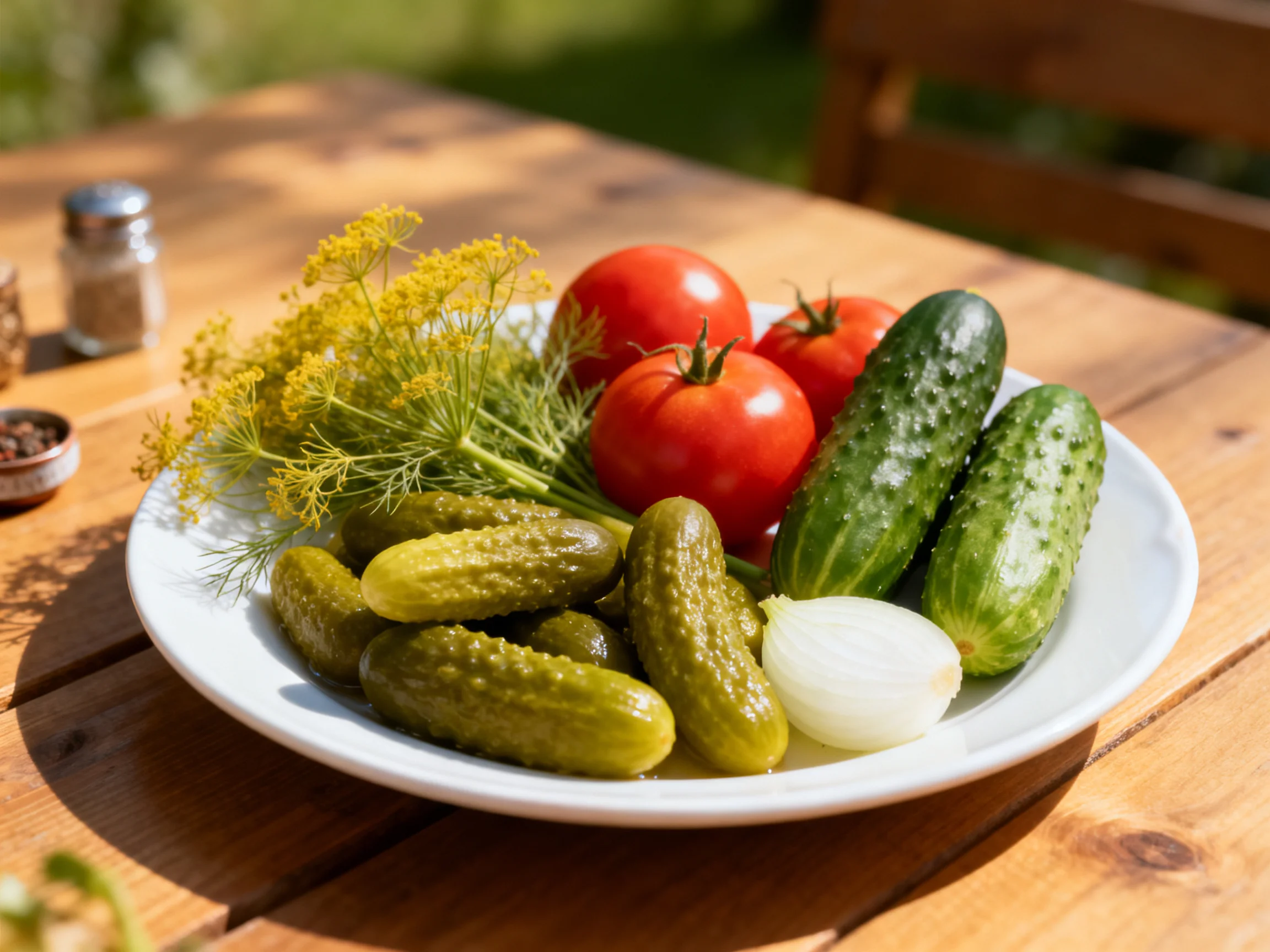 A white plate presents pickles, tomatoes, cucumbers, onion, and dill on a sunny wooden table