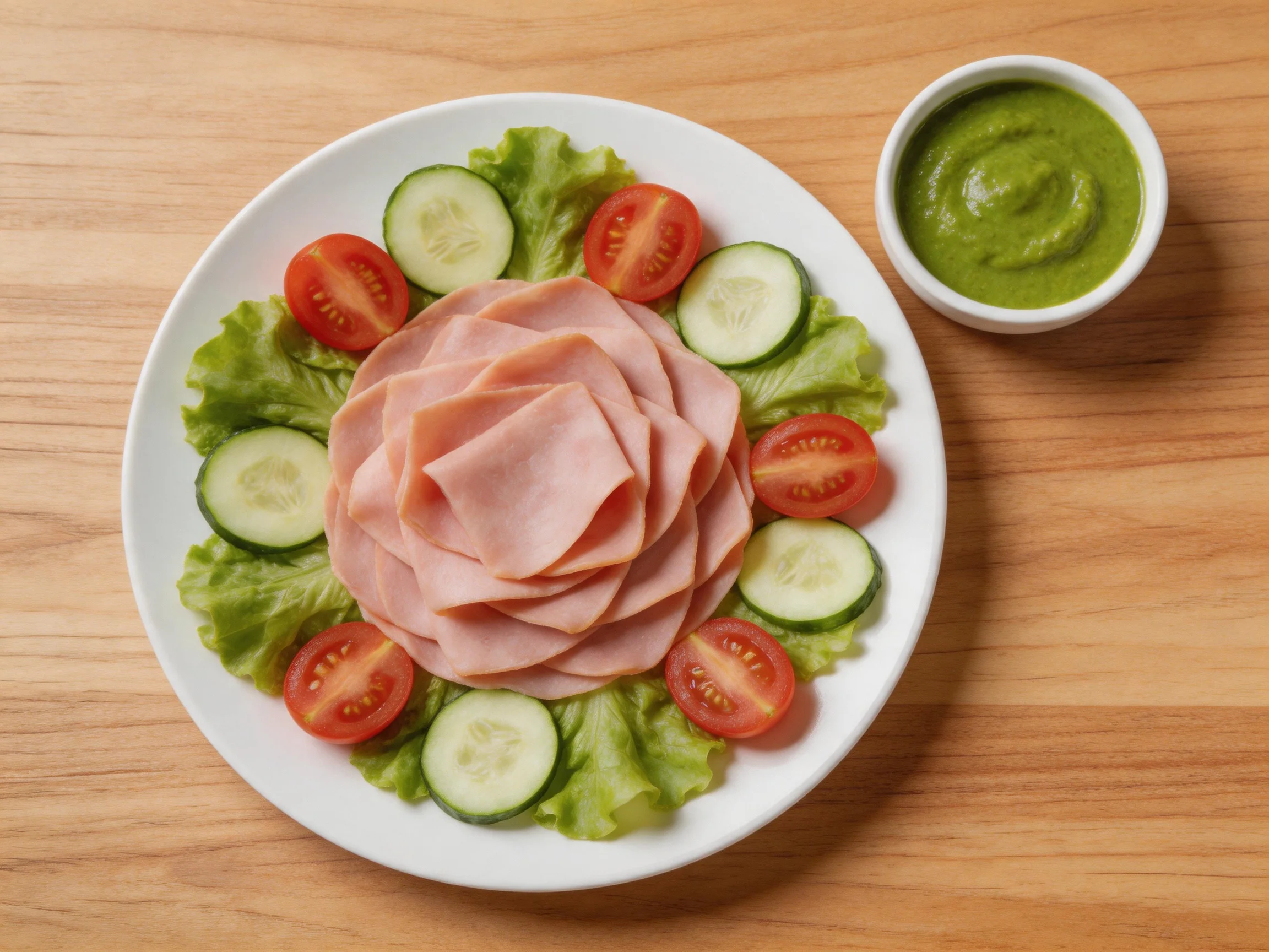 A white plate presents sliced ham, tomatoes, cucumbers, and green sauce