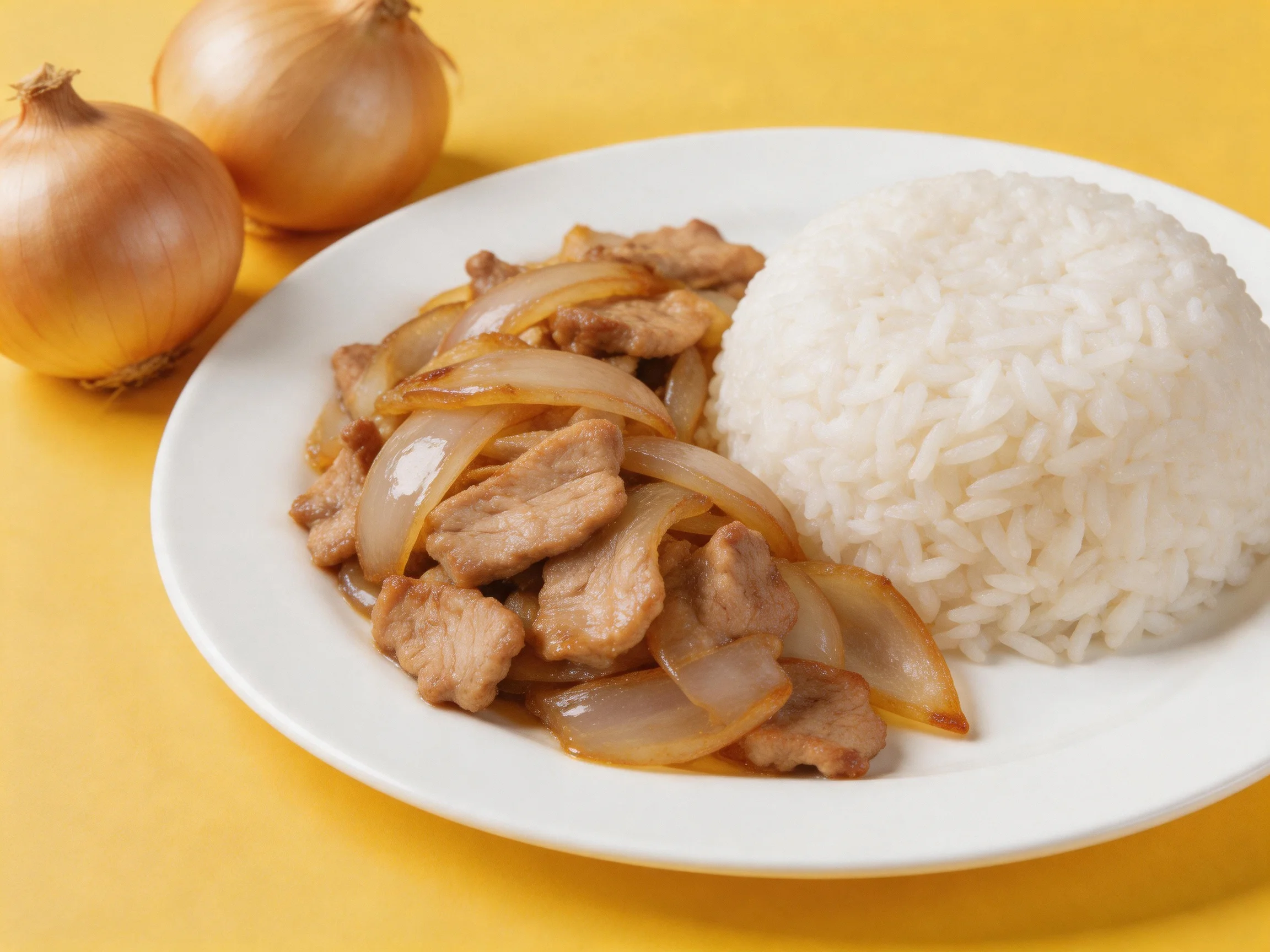 A white plate serves rice, pork, and onion stir - fry with whole onions nearby