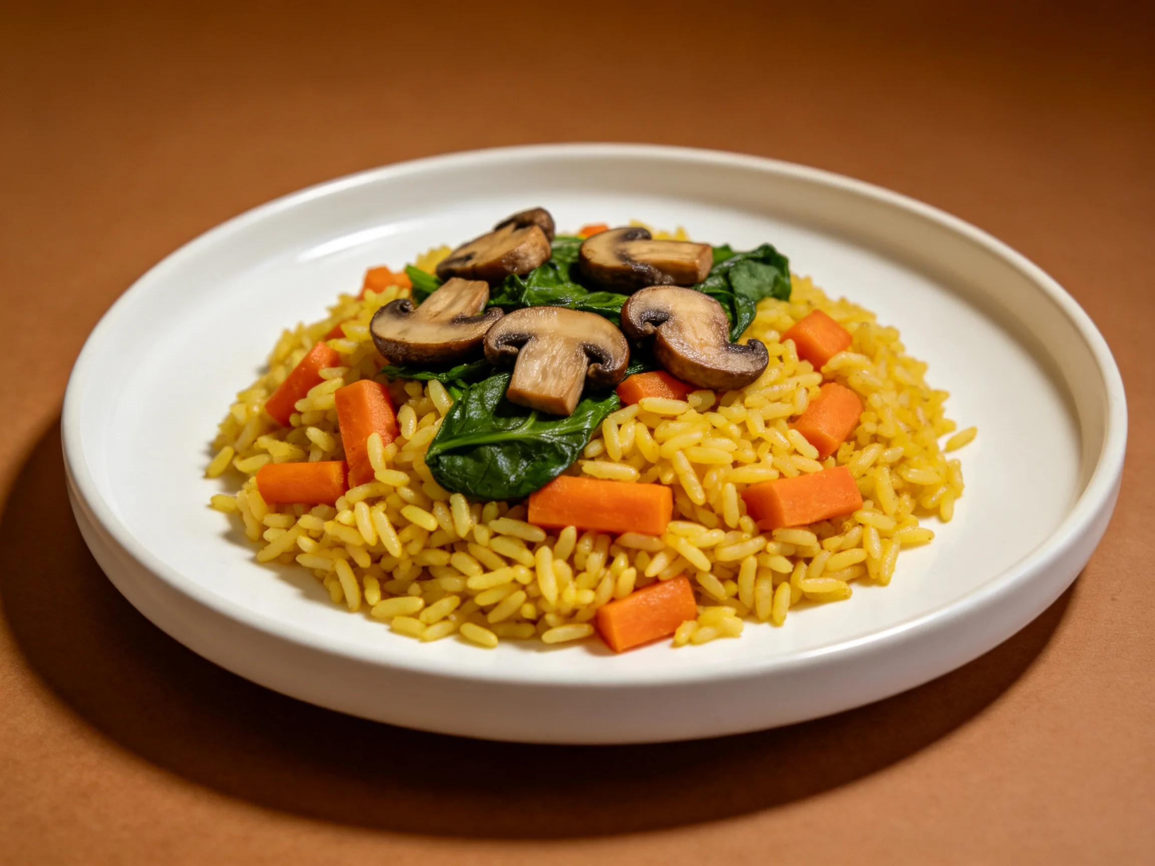 A white plate serves yellow rice topped with mushroom slices, spinach