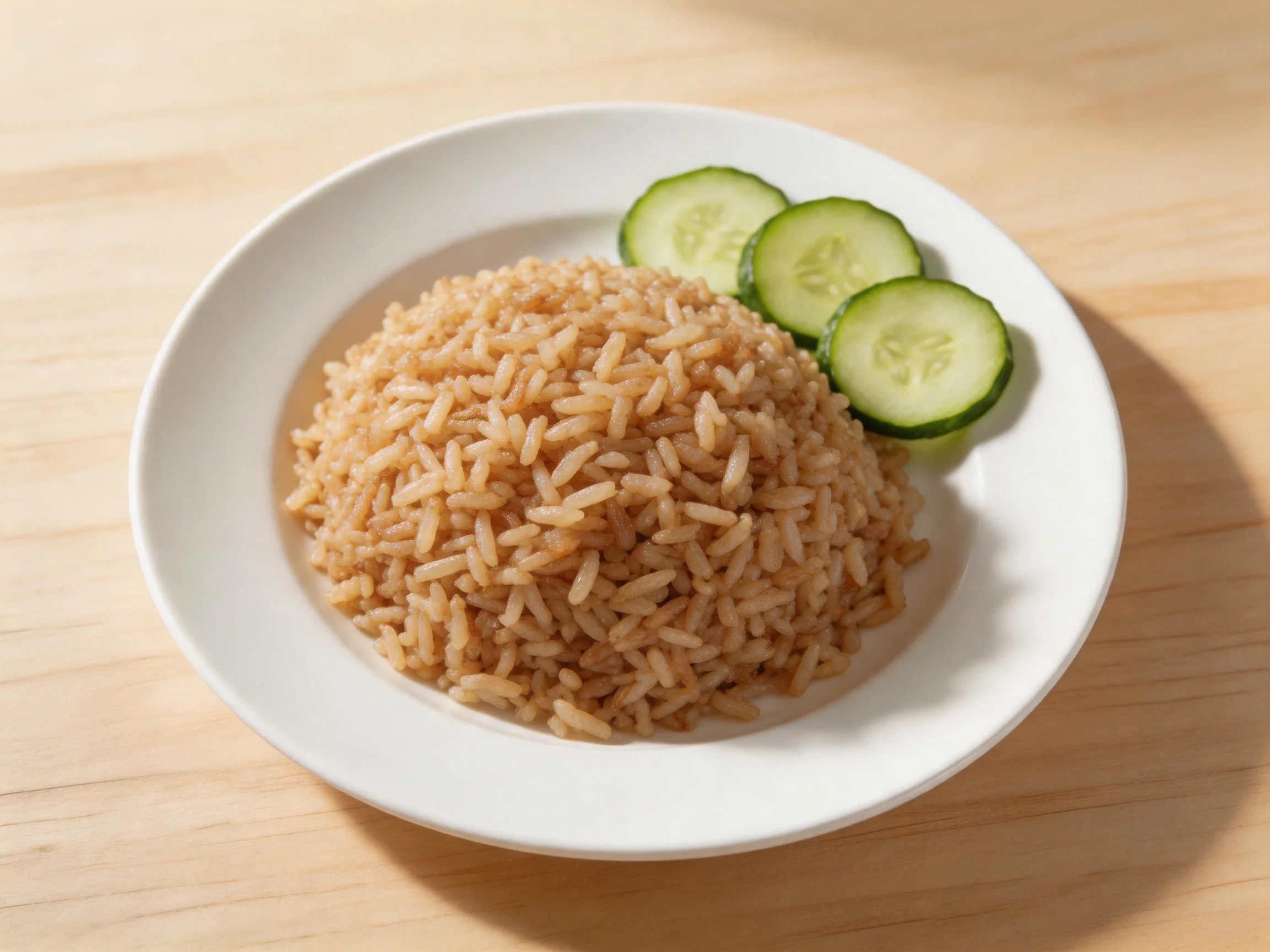 A white plate with seasoned brown rice and fresh cucumber slices