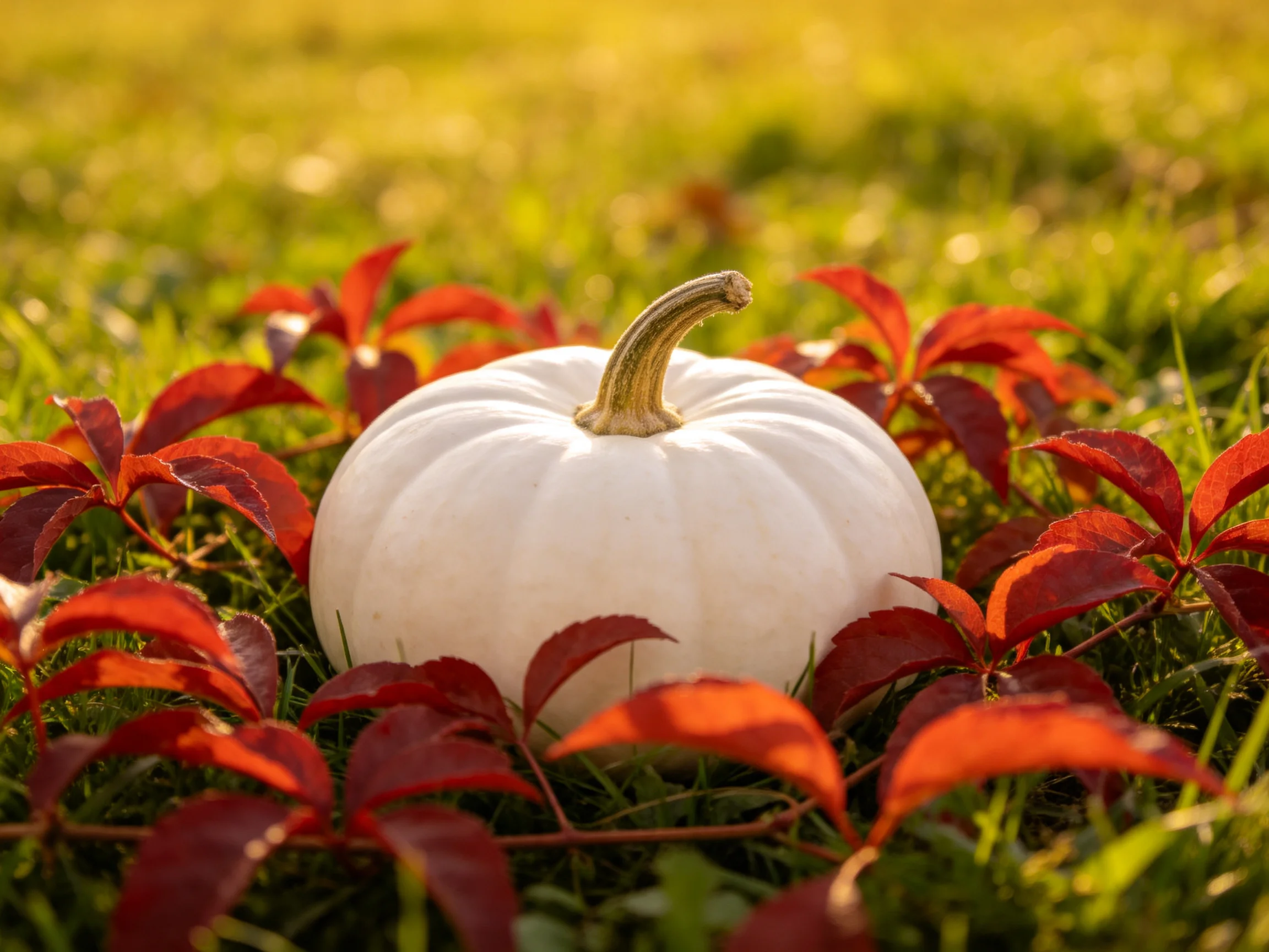 A white pumpkin nestled among vibrant red leaves on sunlit green grass