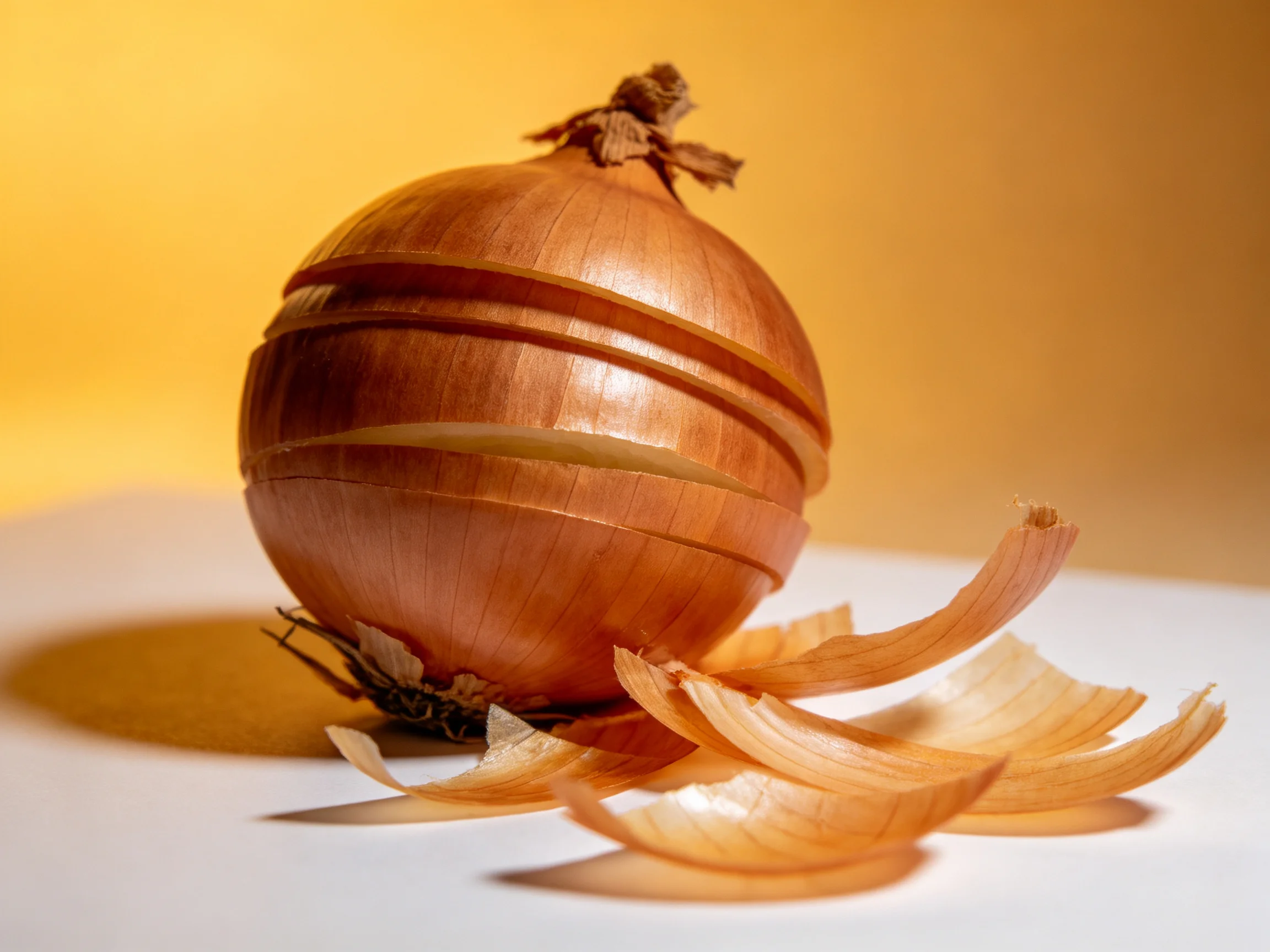 A whole brown onion with several peeled outer layers displayed