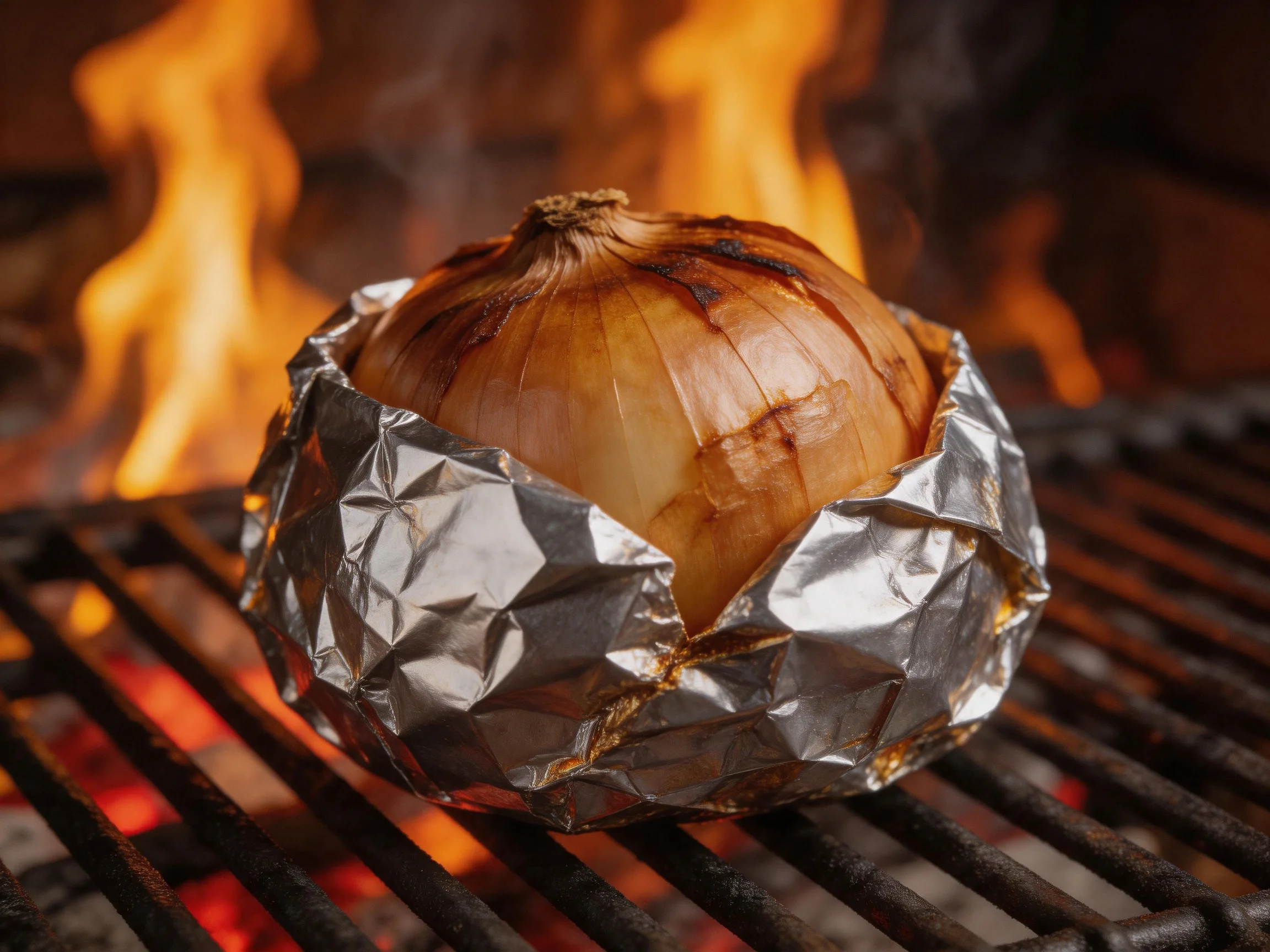 A whole brown onion wrapped in foil grills over bright flames