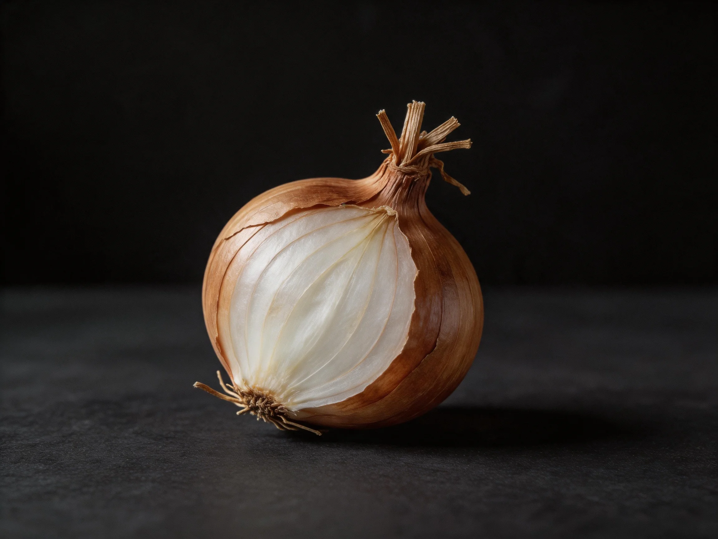 A whole brown-skinned onion with partially exposed white interior