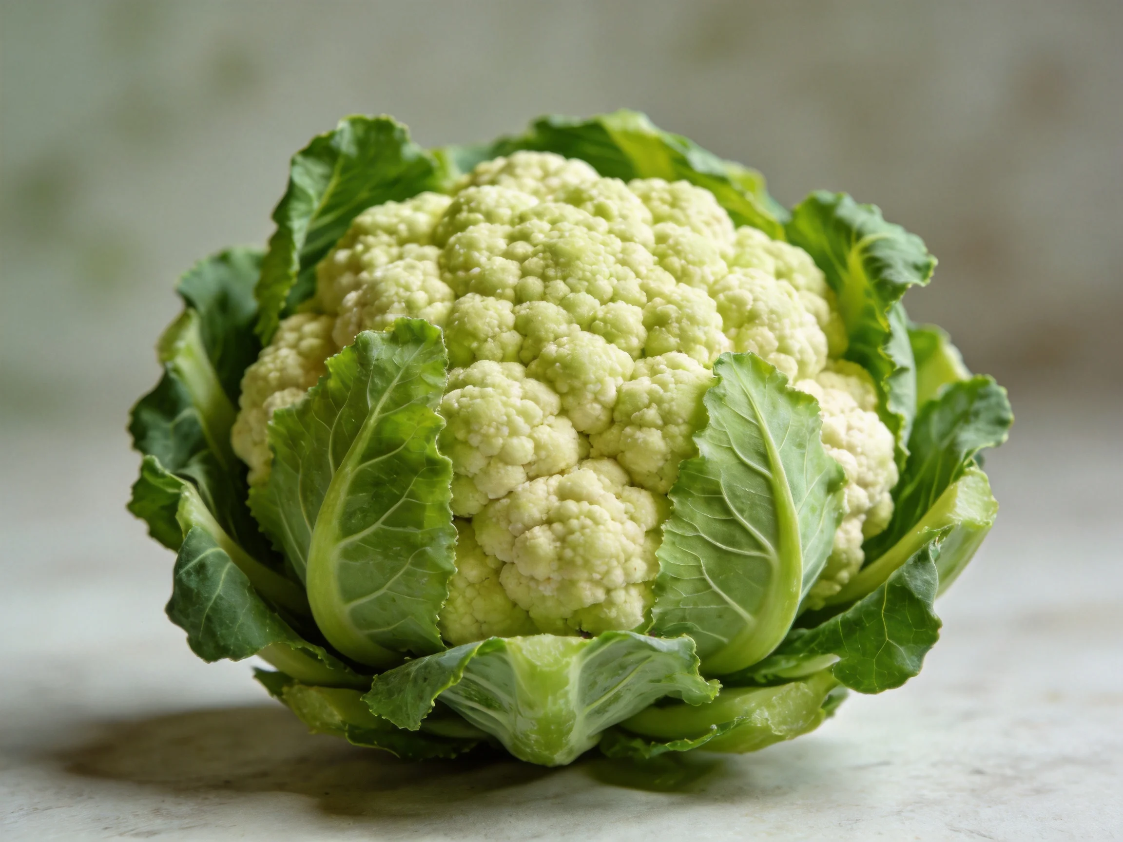A whole fresh cauliflower with vibrant green leafy covering
