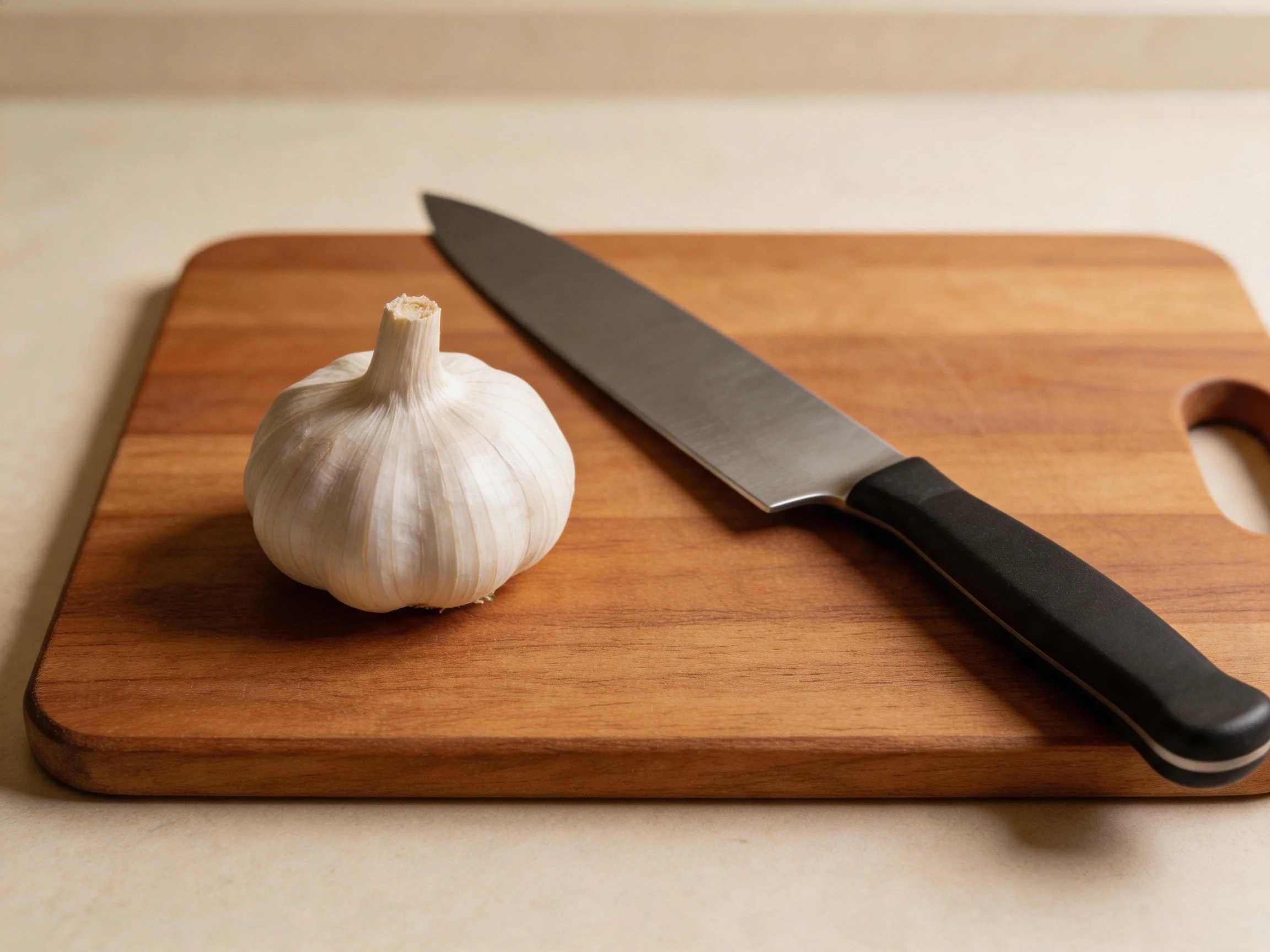 A whole garlic bulb and chefs knife rest on a wooden cutting board