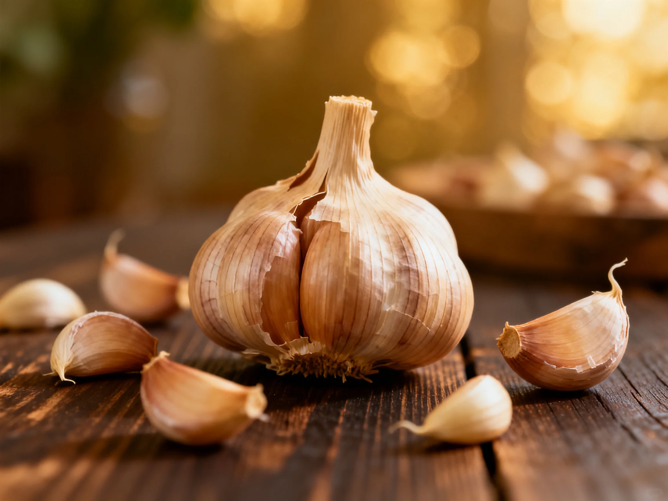 A whole garlic bulb with cloves scattered on a rustic wooden table under warm lighting