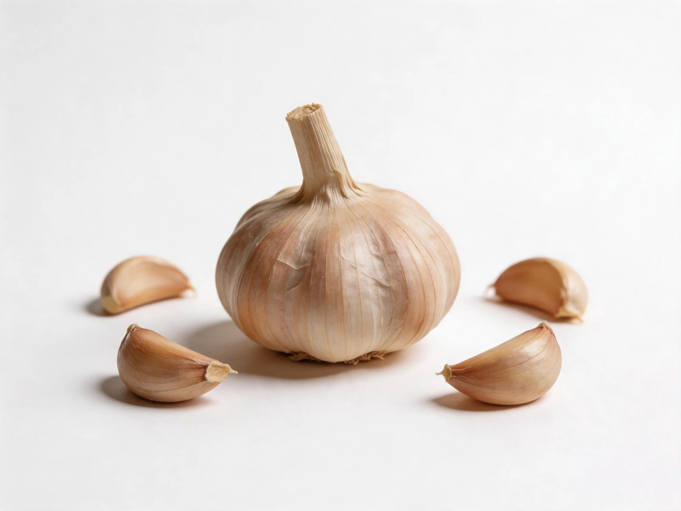 A whole garlic bulb with four cloves on a white surface