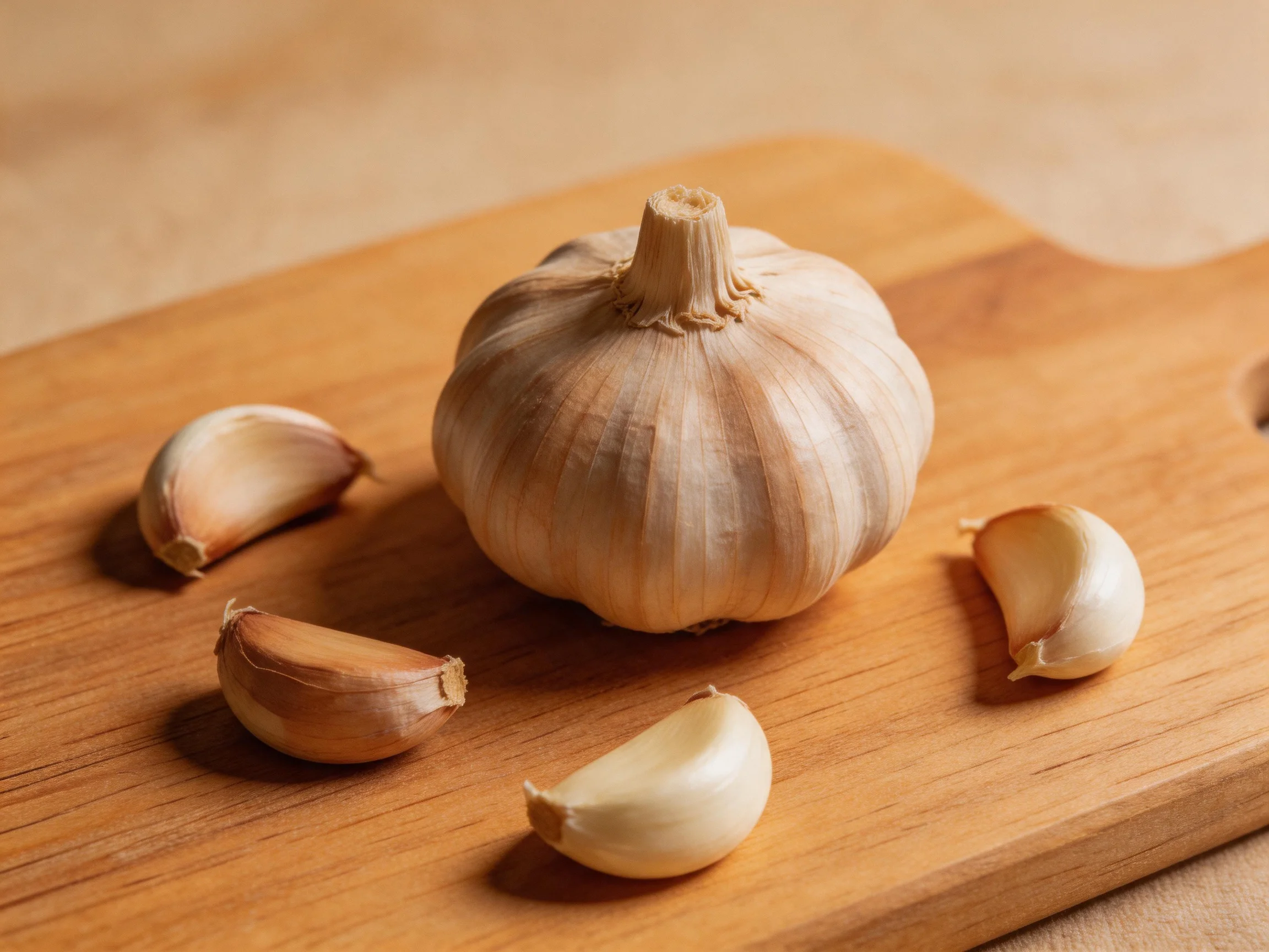 A whole garlic bulb with separated cloves on a light wooden cutting board