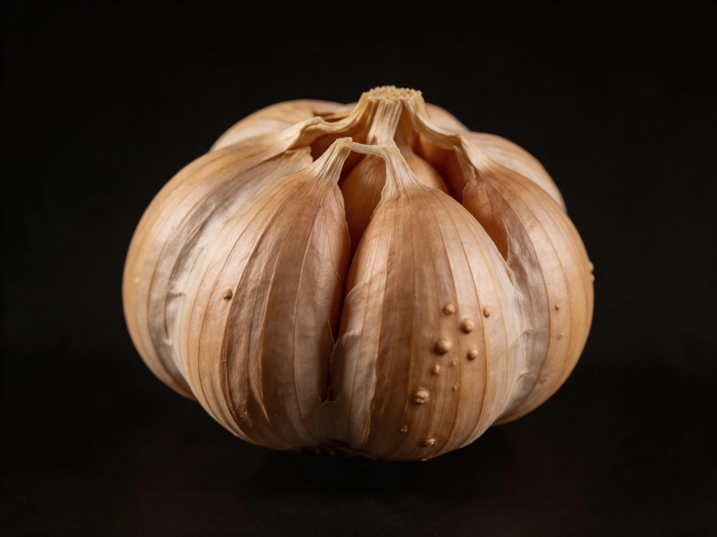 A whole garlic bulb with textured tan outer layers on a black background