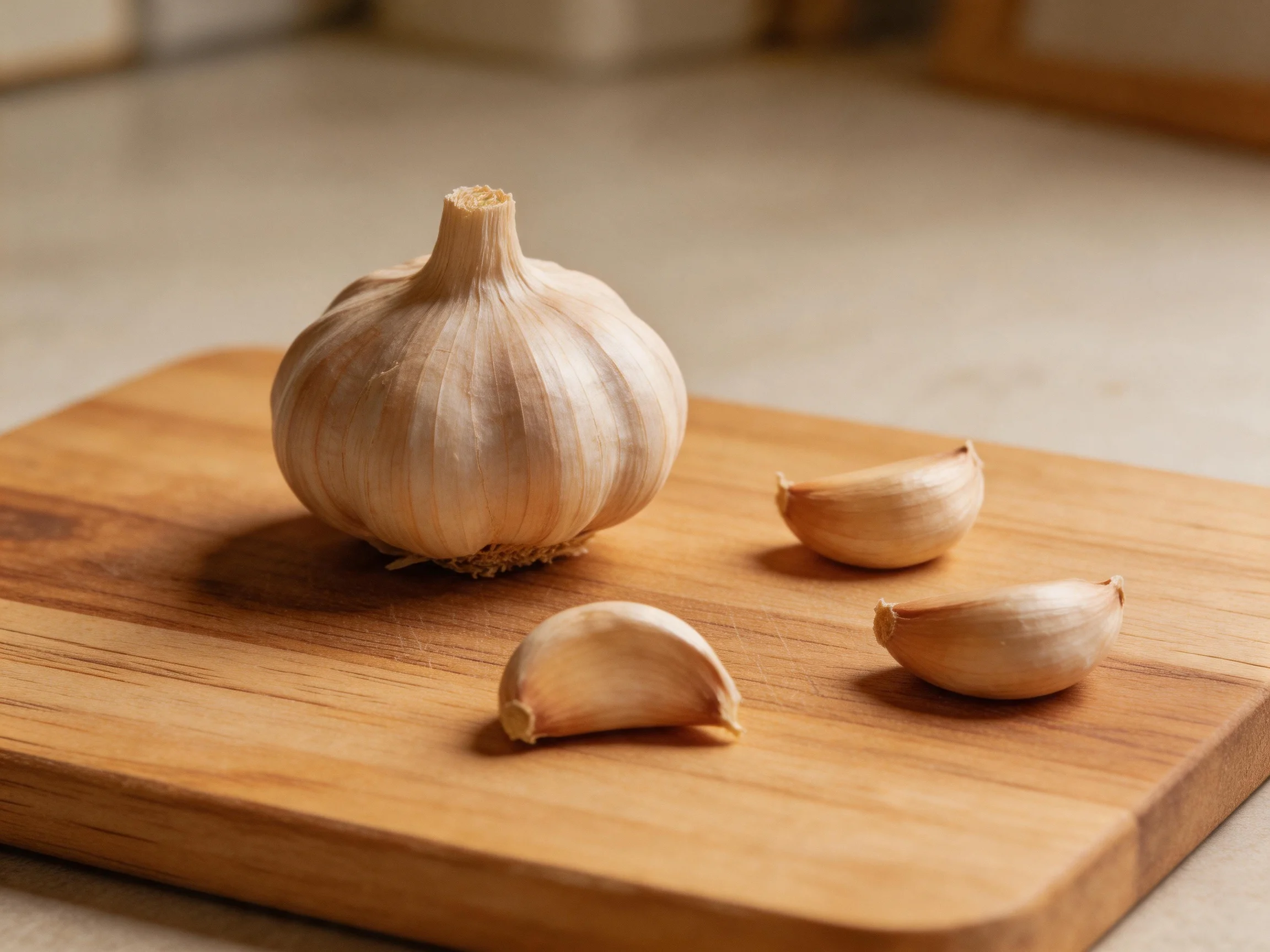 A whole garlic bulb with three cloves on a wooden cutting board