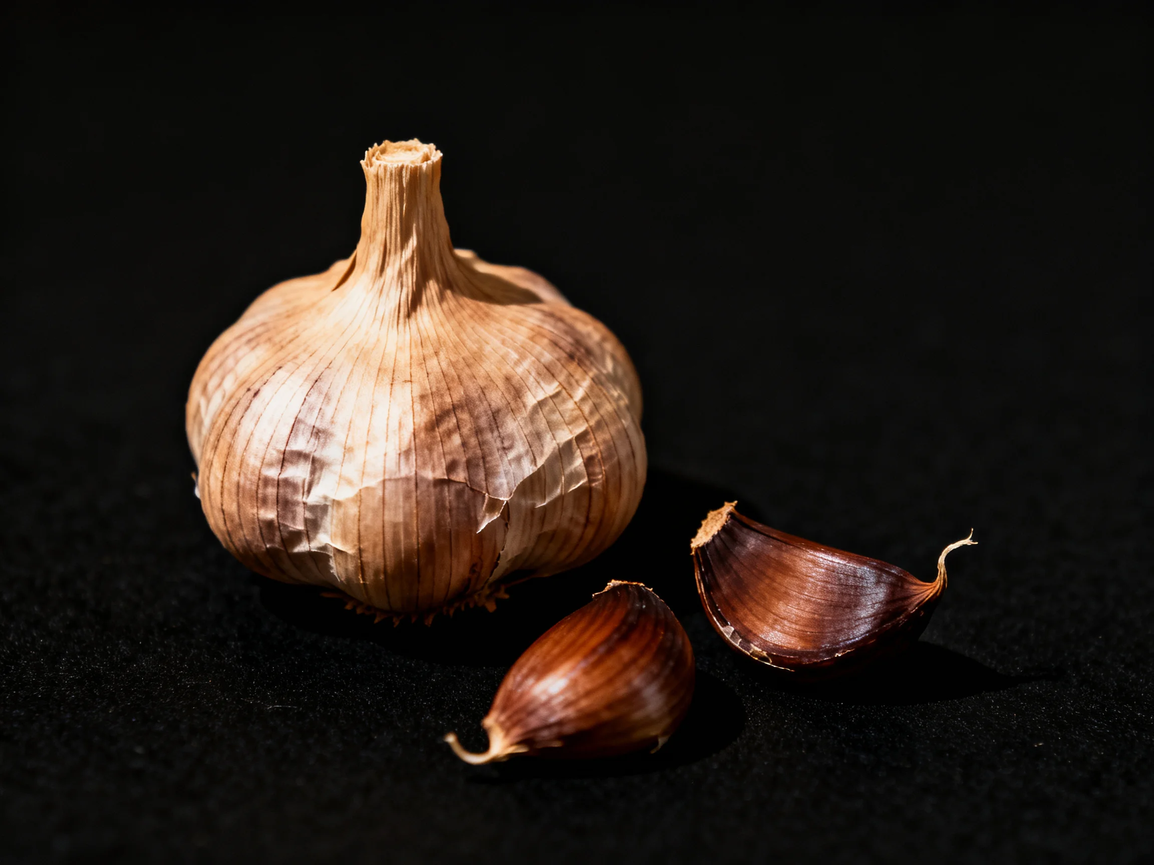 A whole garlic bulb with two cloves displayed against a black backdrop