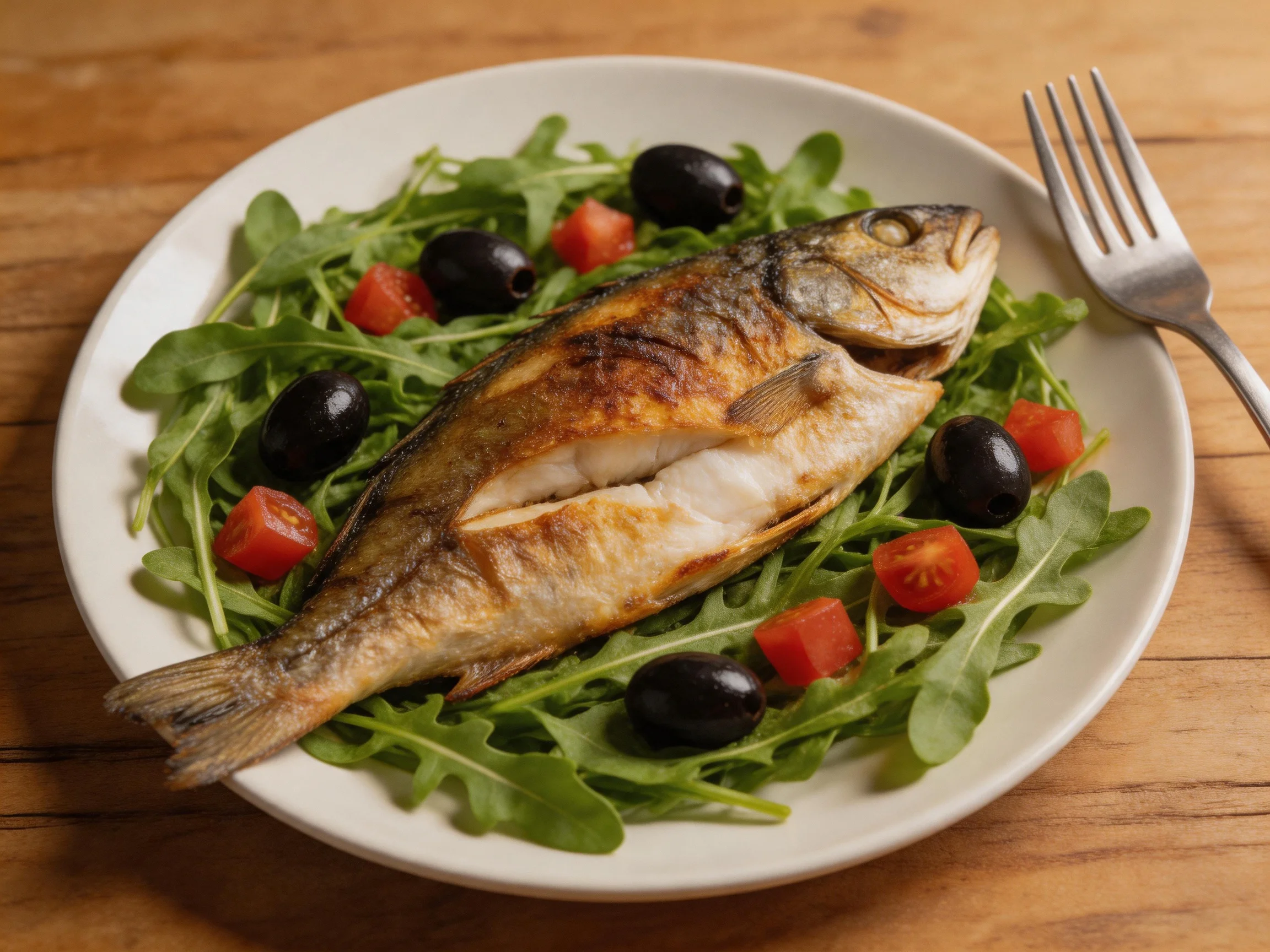A whole grilled fish served on arugula with black olives and cherry tomatoes