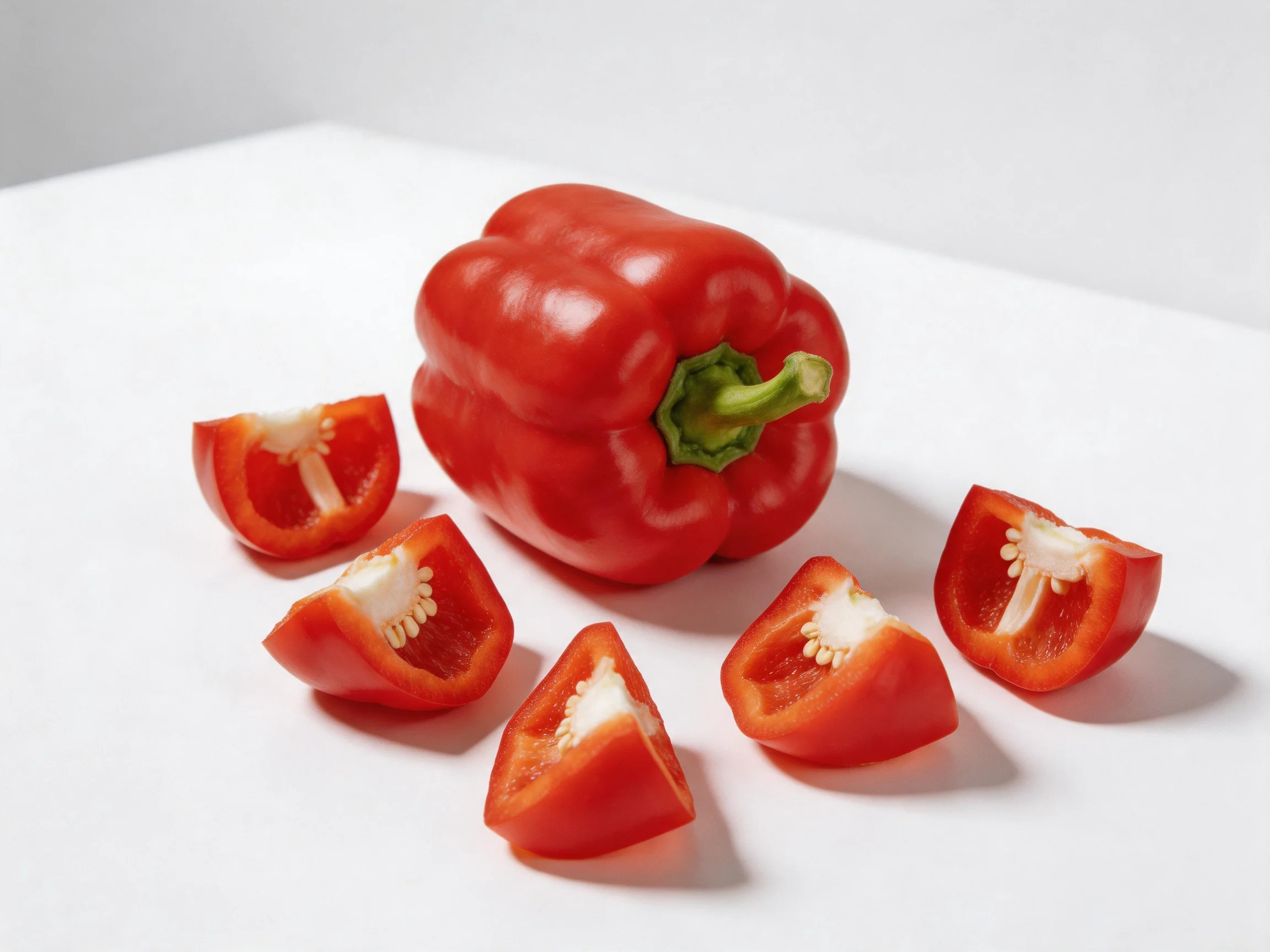 A whole red bell pepper with five sliced pieces on a white surface
