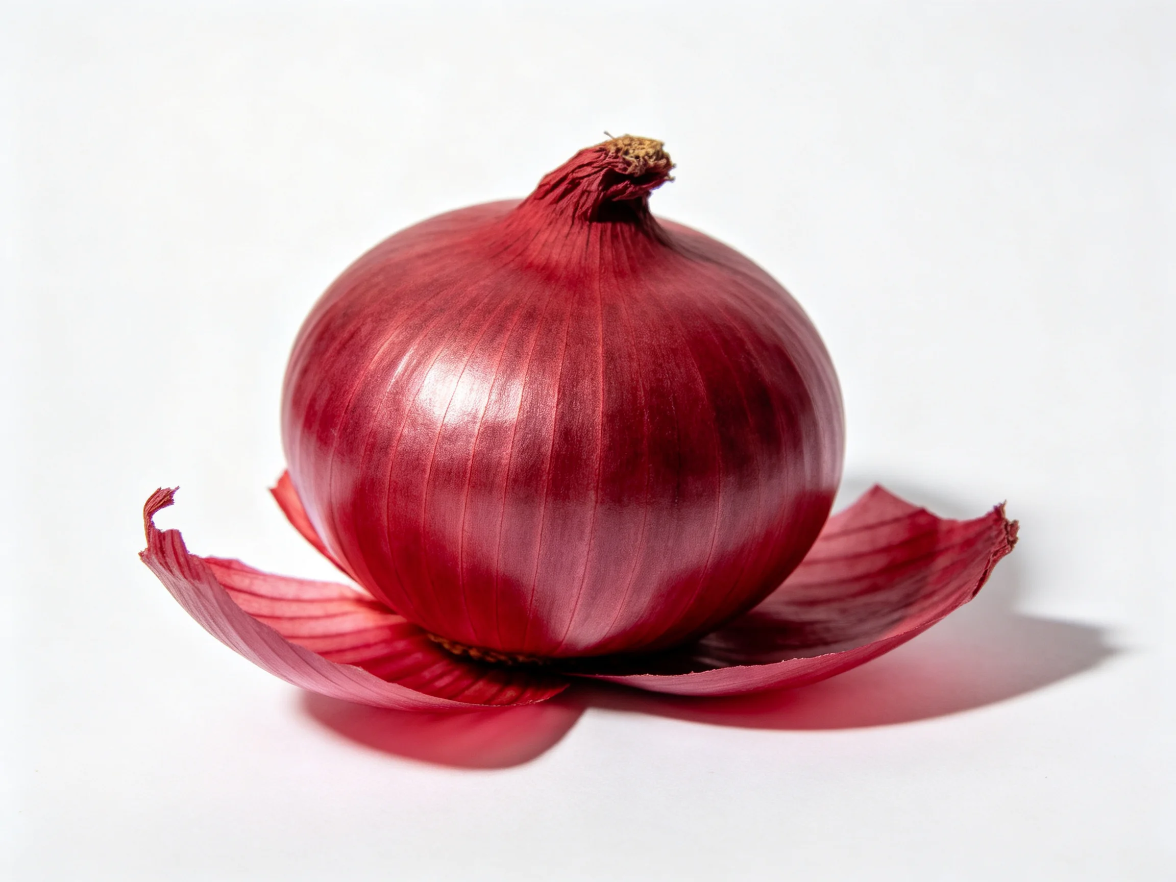 A whole red onion with partially removed outer skins