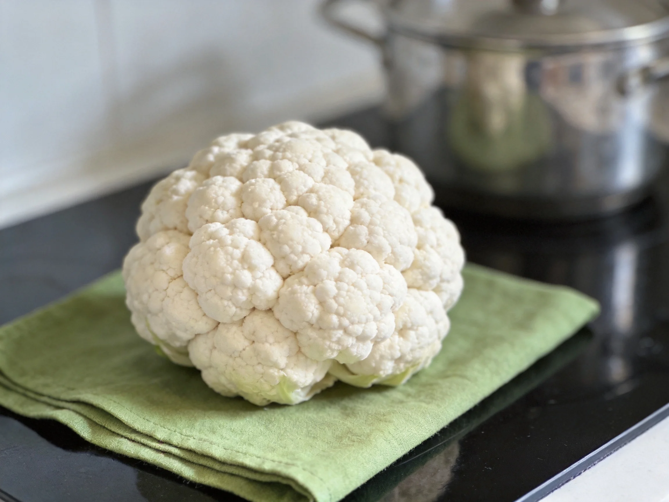 A whole white cauliflower sits on a green cloth near a stainless steel pot
