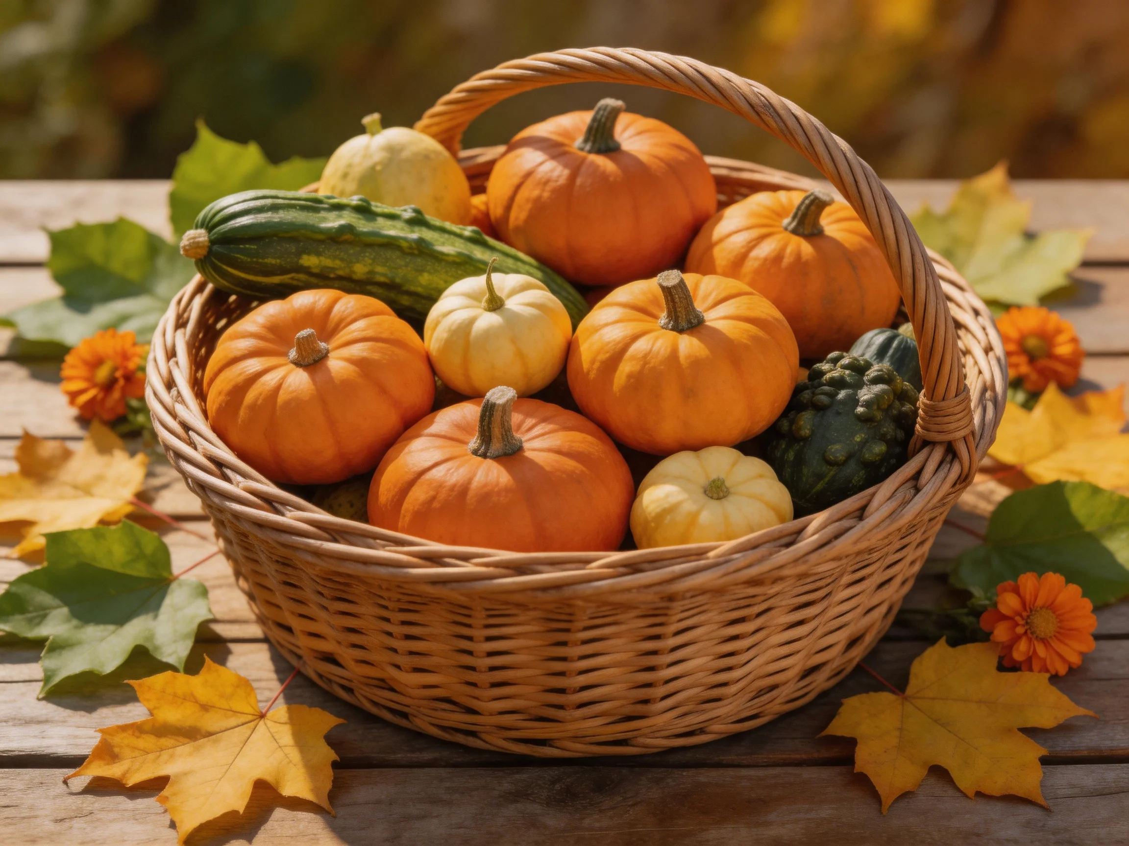 A wicker basket brimming with colorful fall gourds and autumn leaves