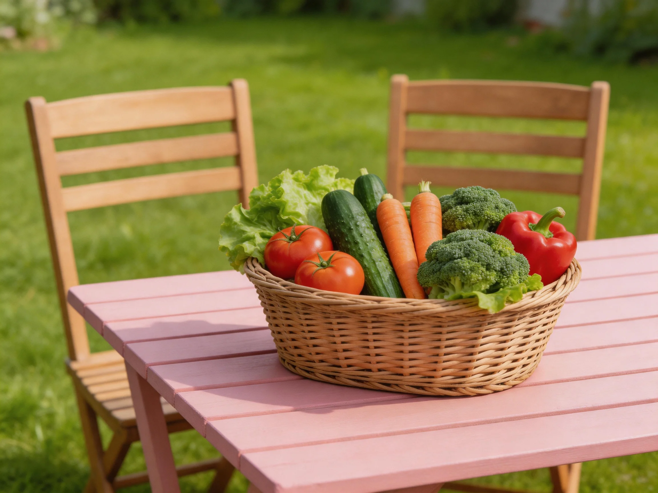 A wicker basket brimming with colorful fresh vegetables rests on a pink outdoor table