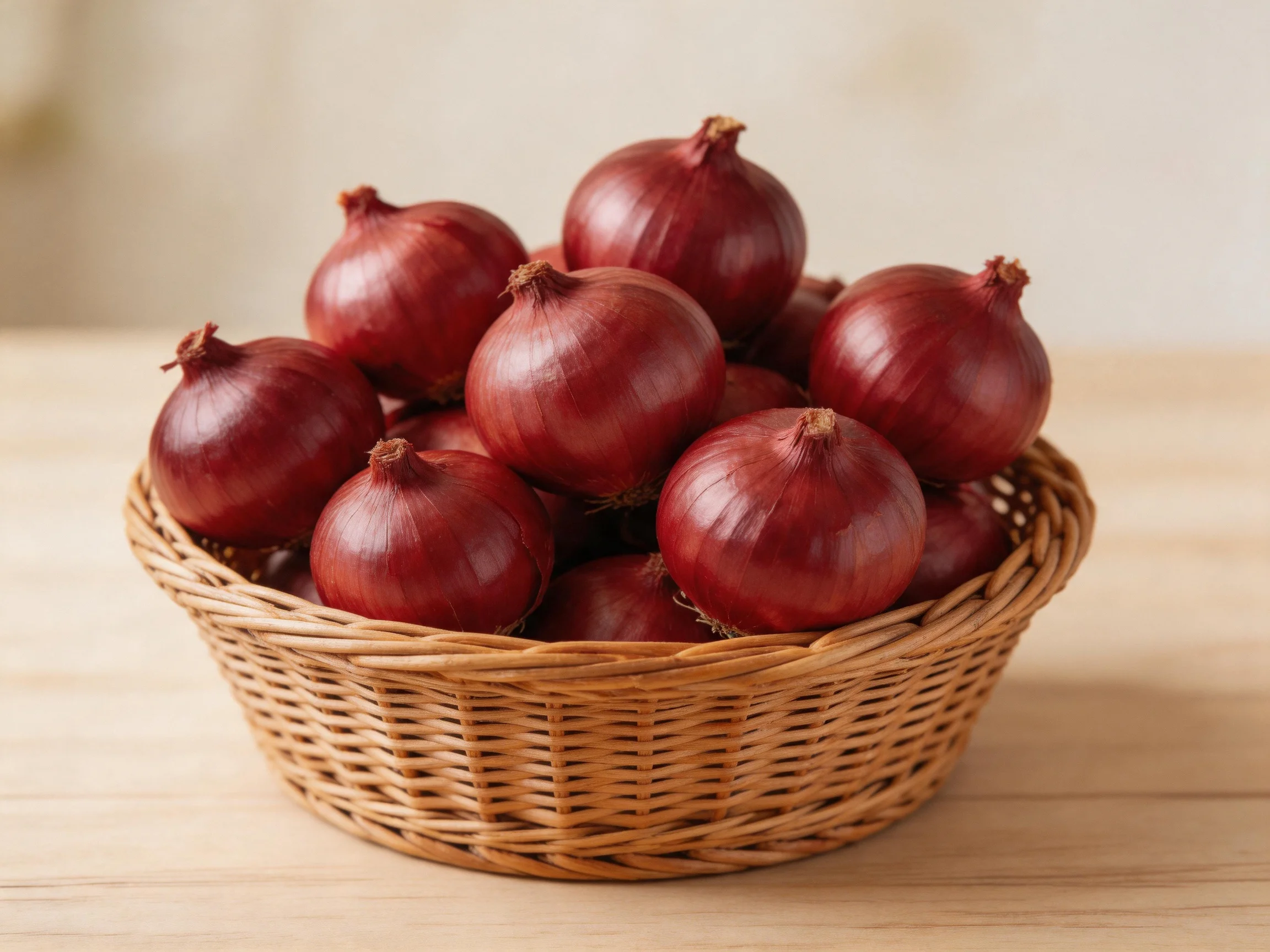 A wicker basket brimming with glossy red onions on a wooden surface