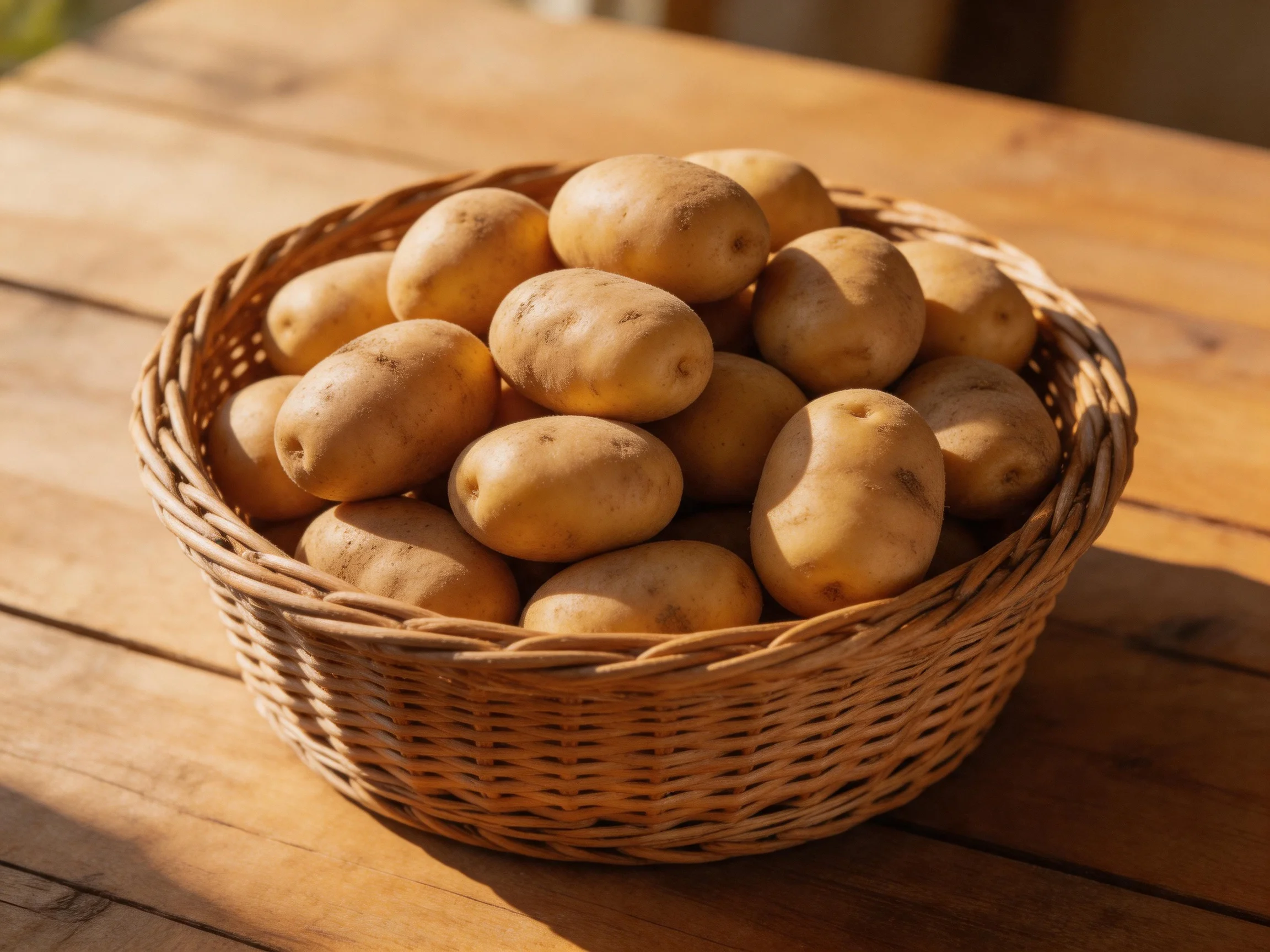 A wicker basket brimming with light brown potatoes on a wooden table