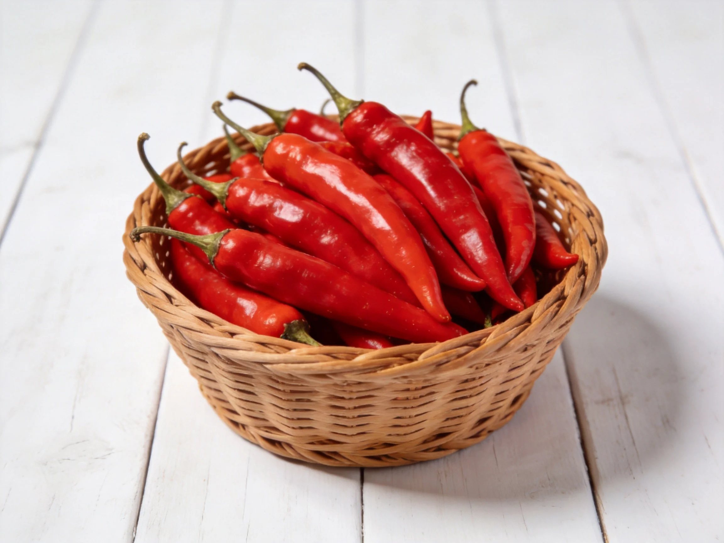 A wicker basket brimming with vibrant red chili peppers on a white wooden surface