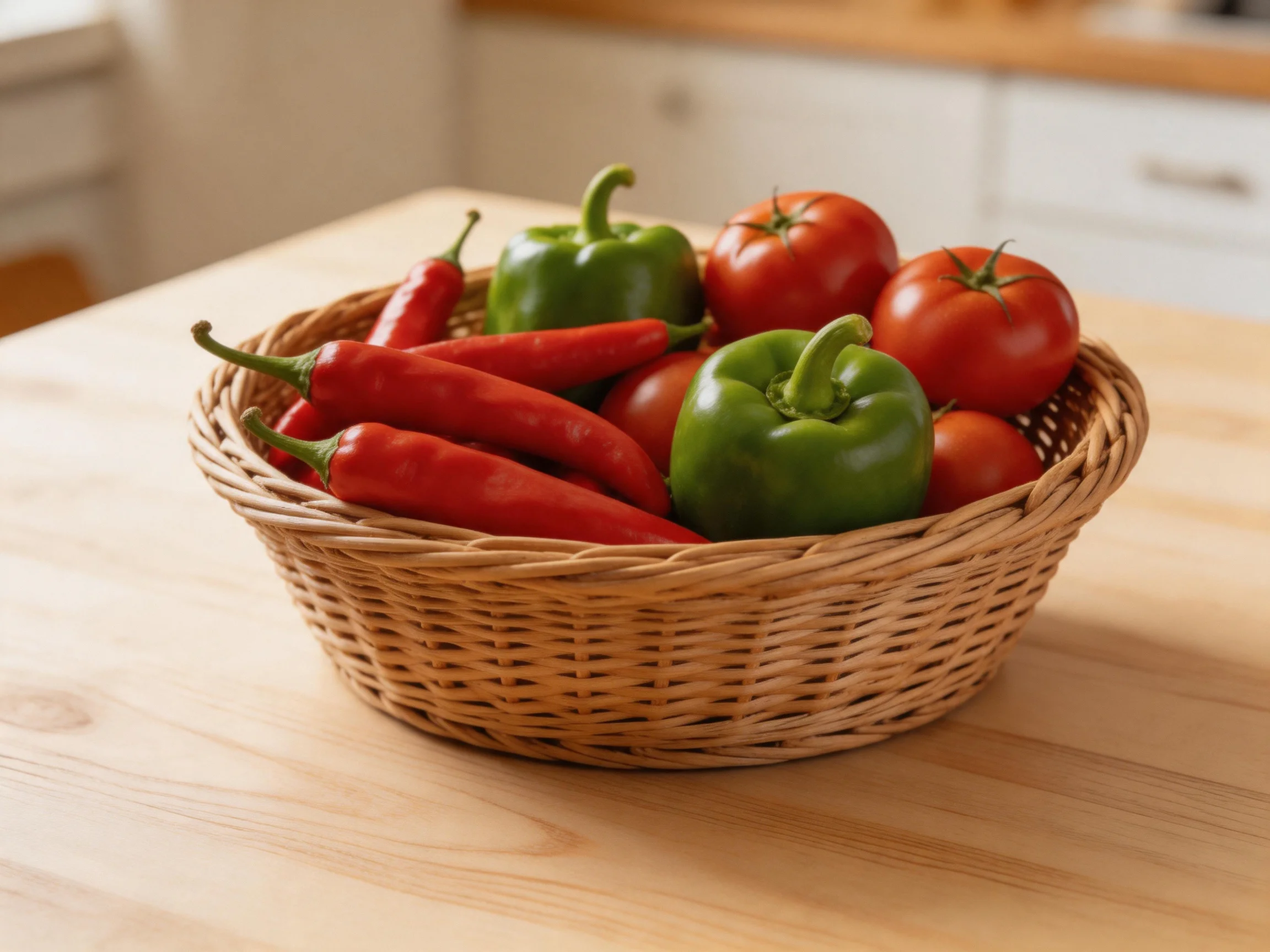A wicker basket contains red chilies, green peppers, and tomatoes on a wooden table