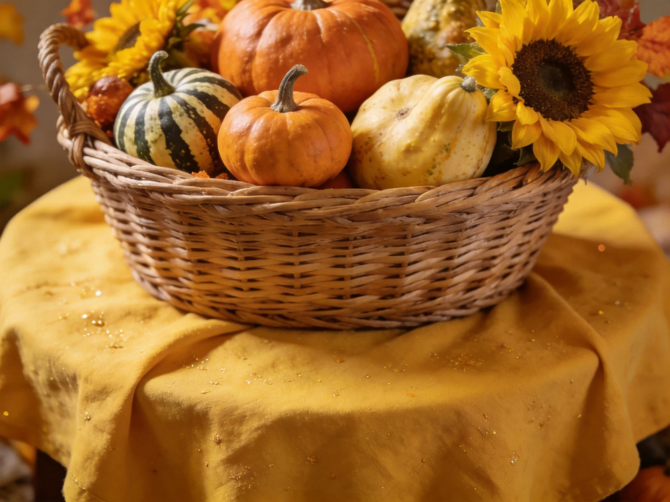 A wicker basket displays colorful gourds, sunflowers, and fall decor