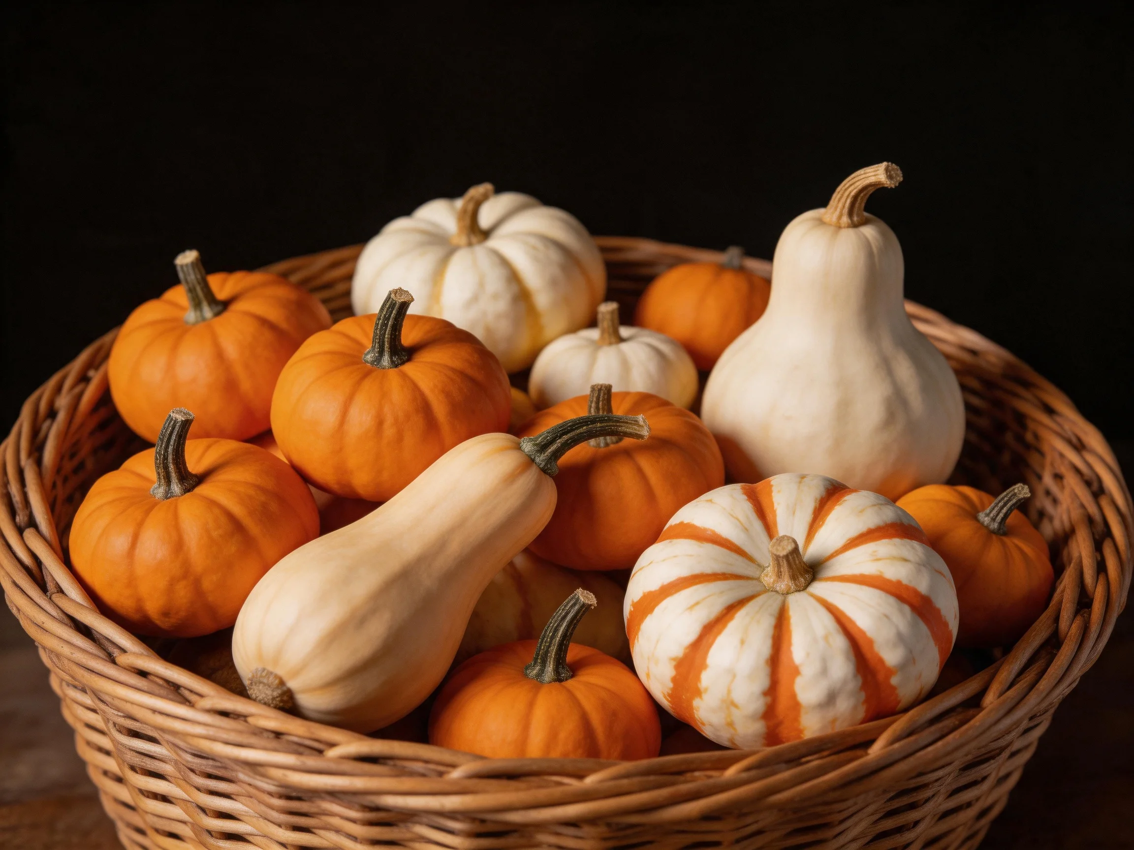 A wicker basket filled with assorted decorative squashes