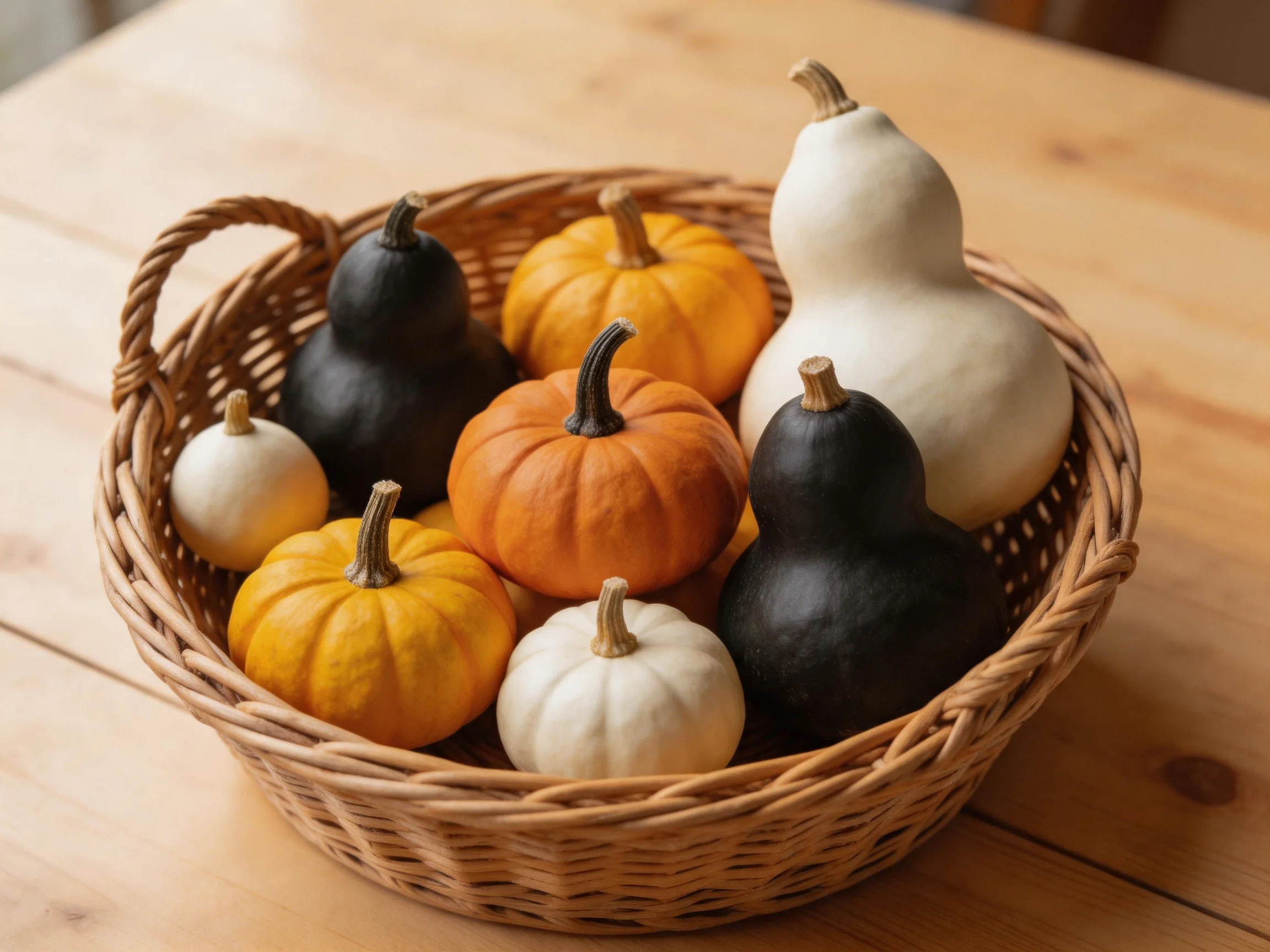 A wicker basket filled with assorted gourds and small pumpkins in black, white, and orange hues