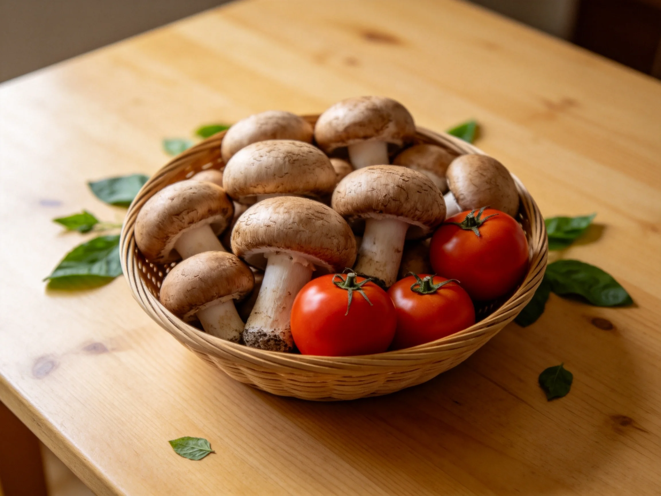 A wicker basket filled with brown mushrooms, red tomatoes, and green basil leaves on a wooden table