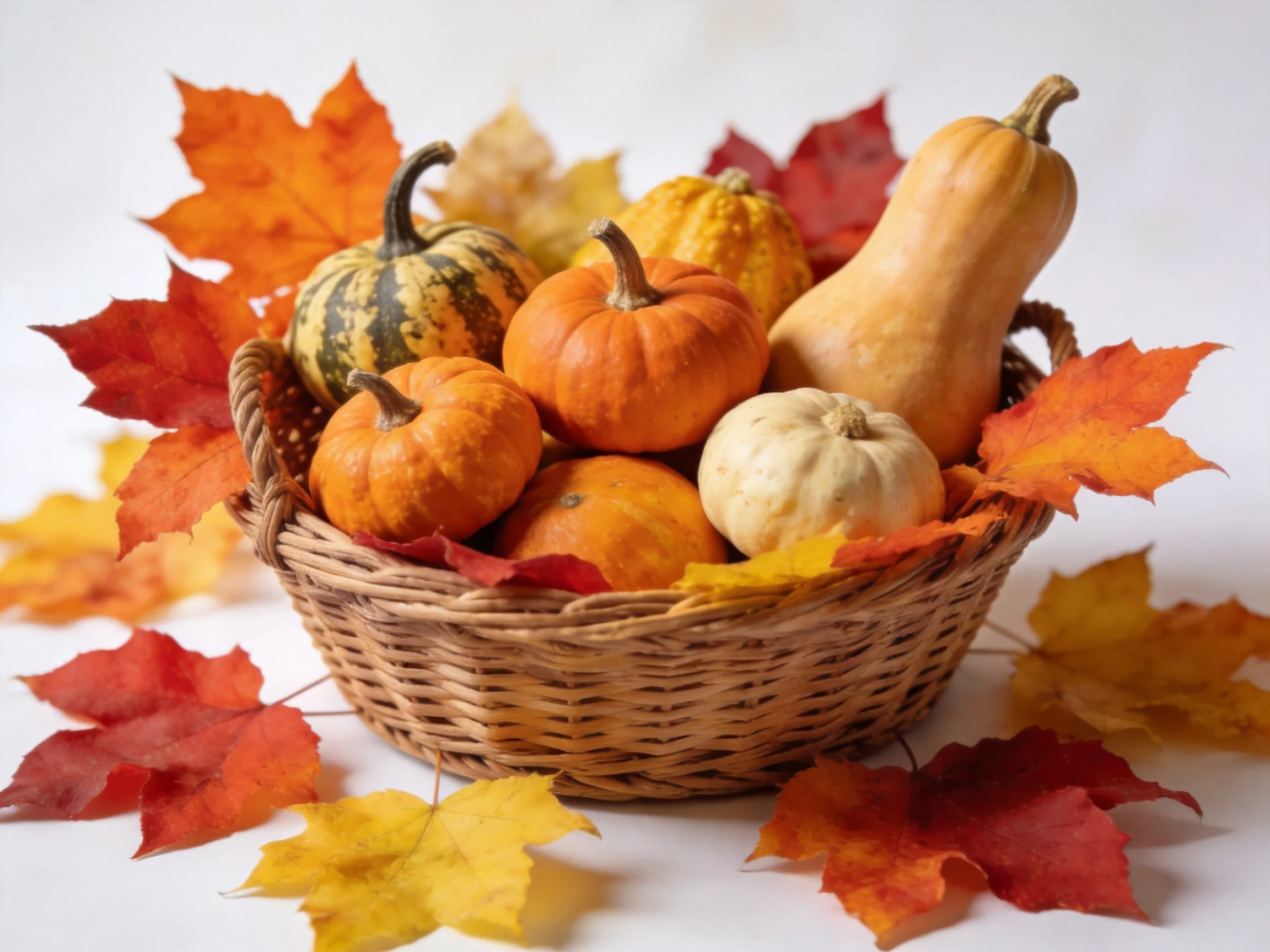 A wicker basket filled with colorful gourds surrounded by vibrant fall leaves