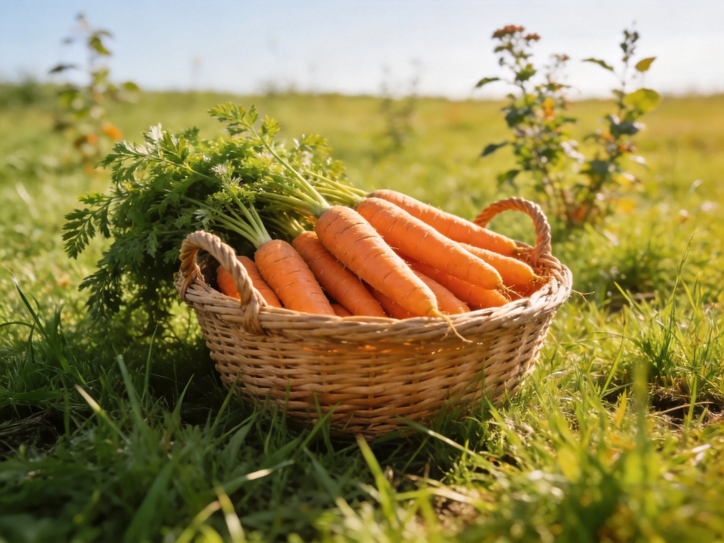 A wicker basket filled with fresh orange carrots sits in a sunlit green meadow