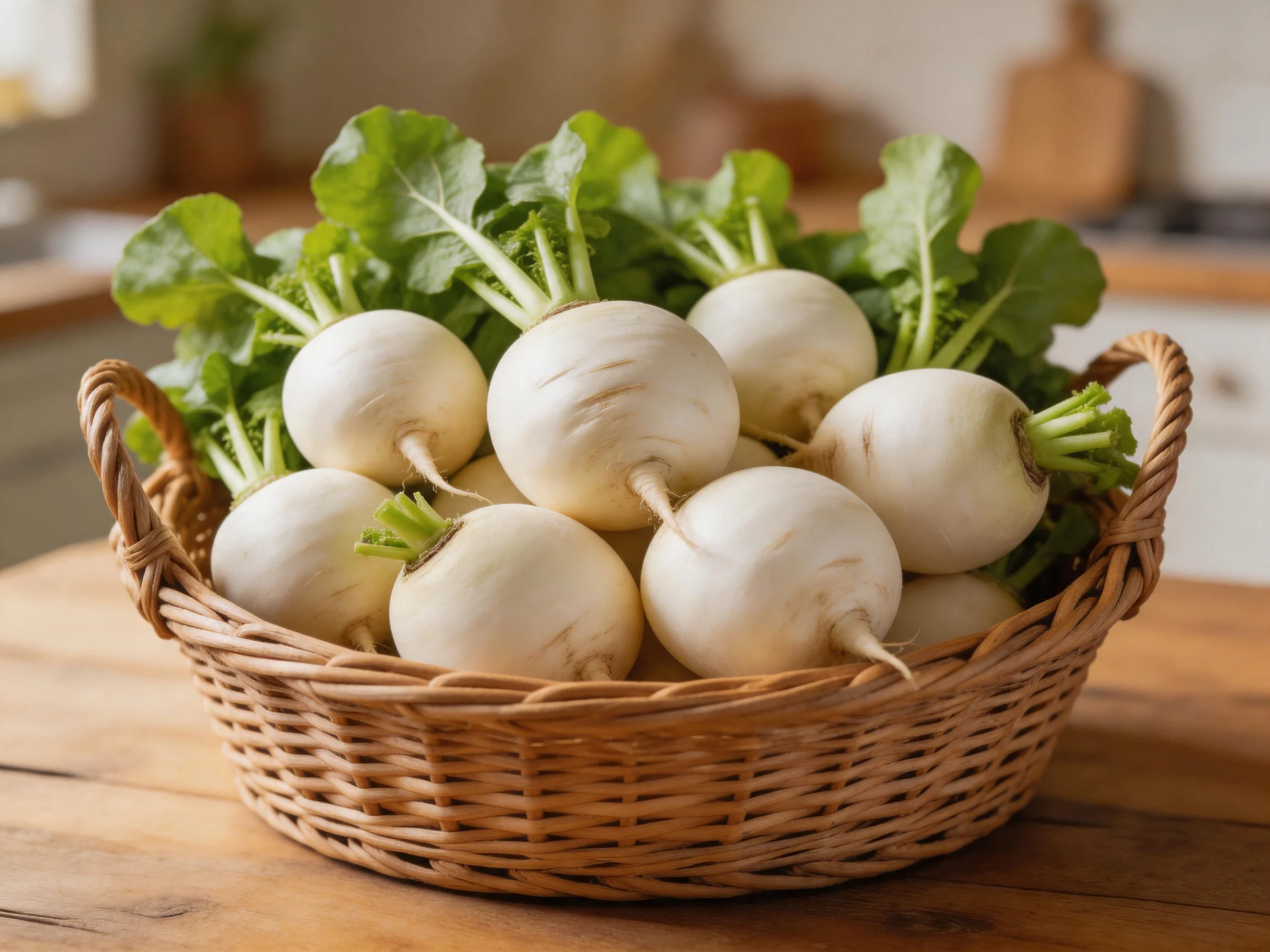 A wicker basket filled with fresh white round root vegetables and green leafy tops