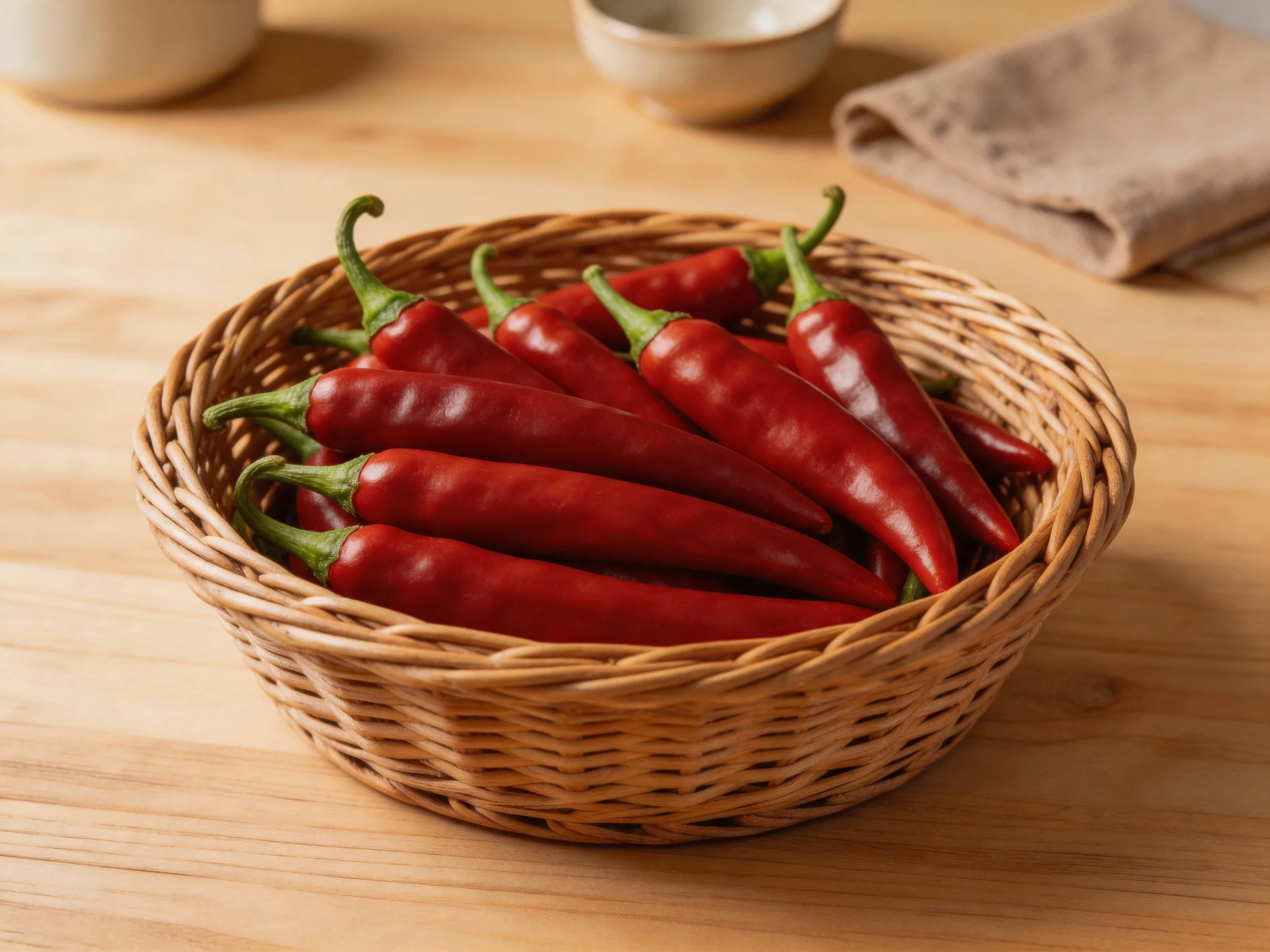 A wicker basket filled with glossy red chili peppers rests on a wooden surface