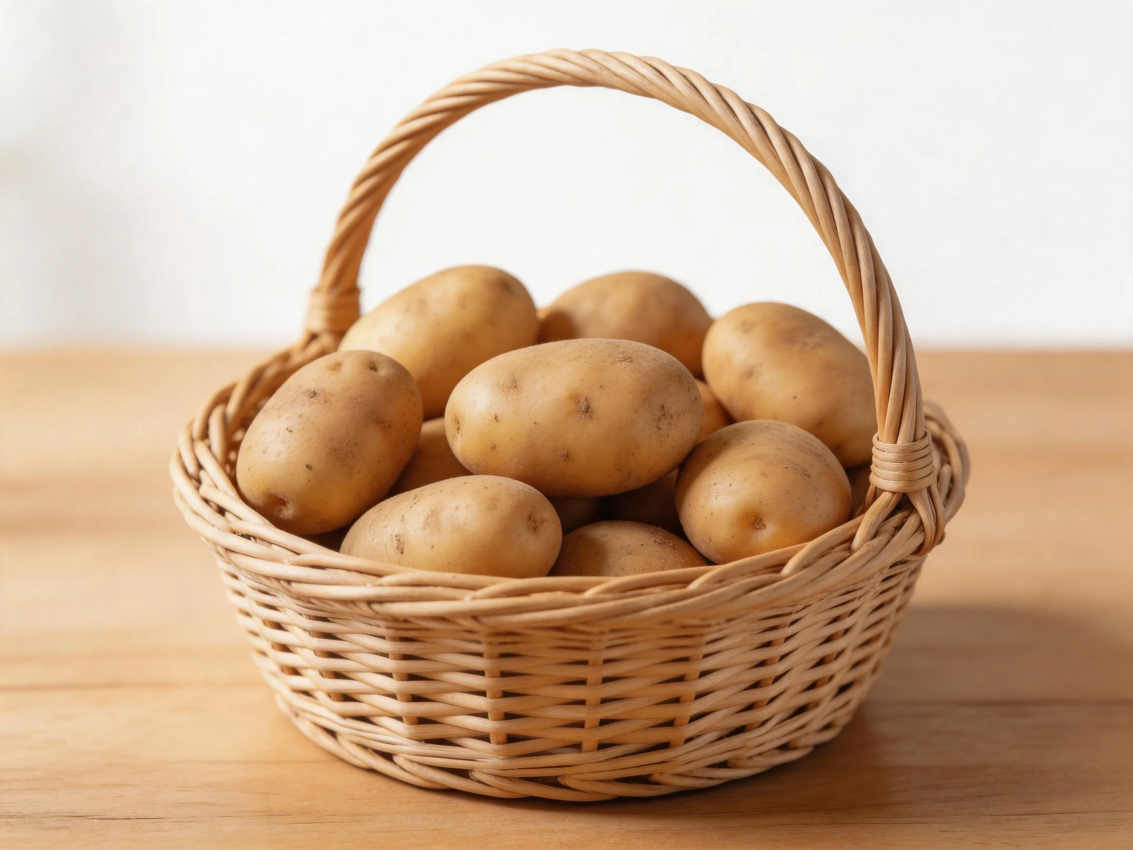 A wicker basket filled with light brown potatoes on a wooden surface