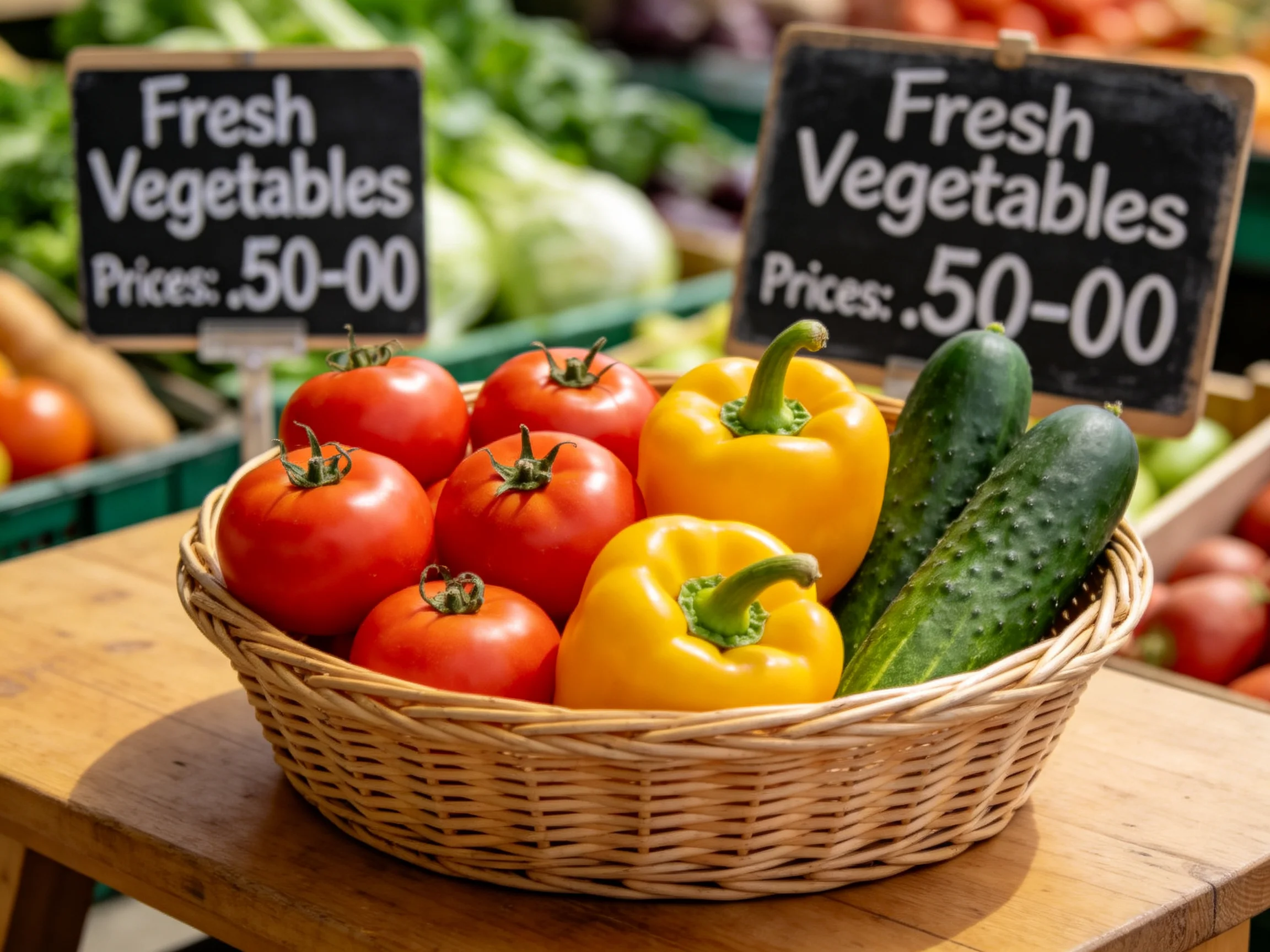 A wicker basket filled with red tomatoes, yellow peppers, and green cucumbers