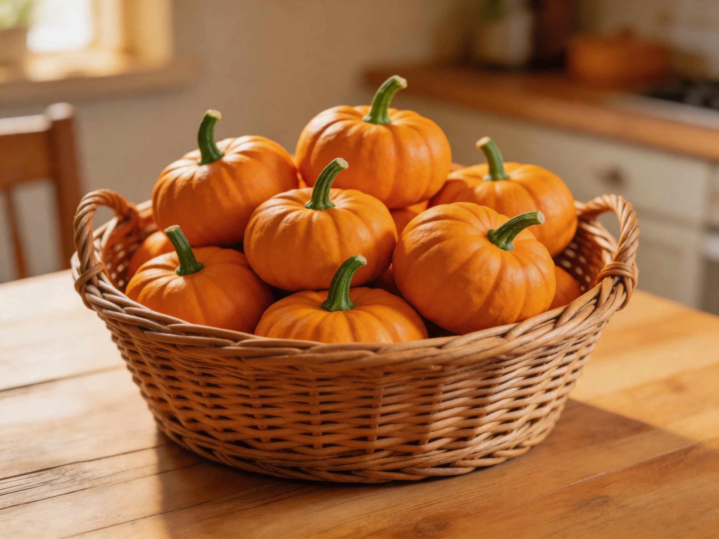 A wicker basket filled with small orange pumpkins on a wooden table