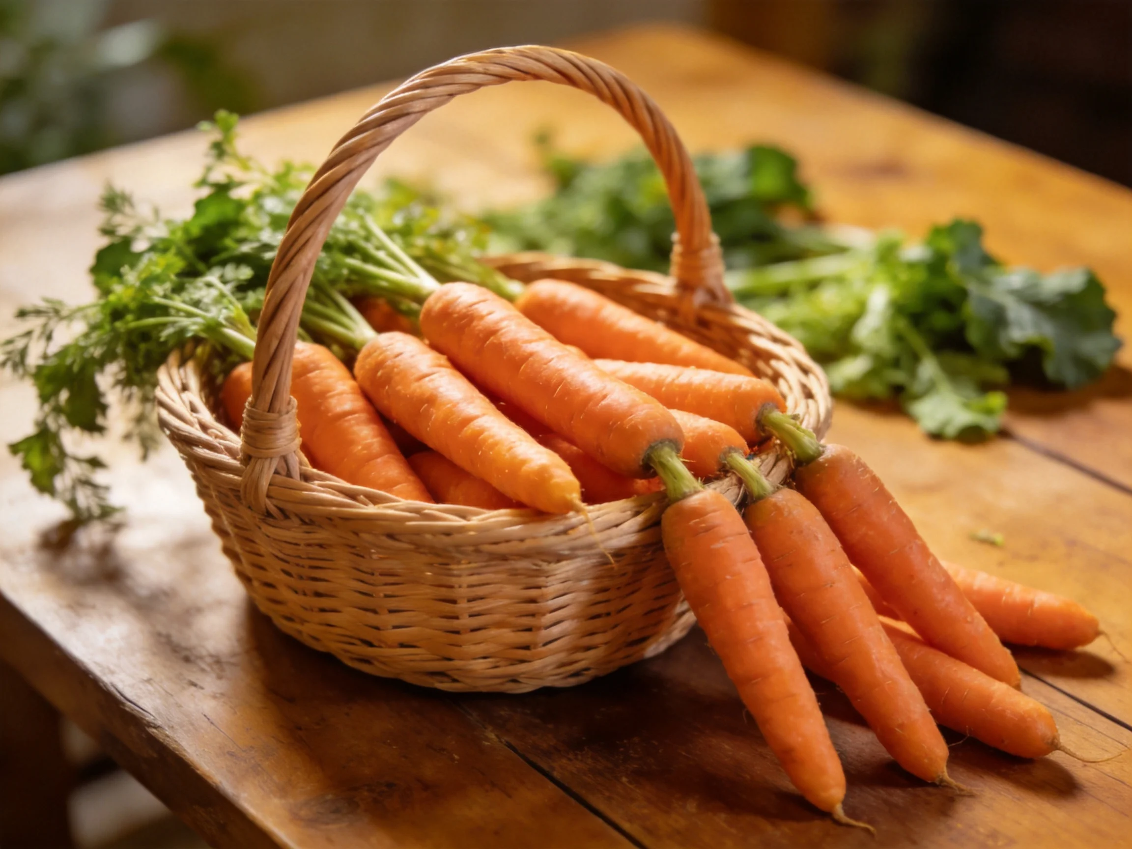A wicker basket filled with vibrant orange carrots on a wooden table