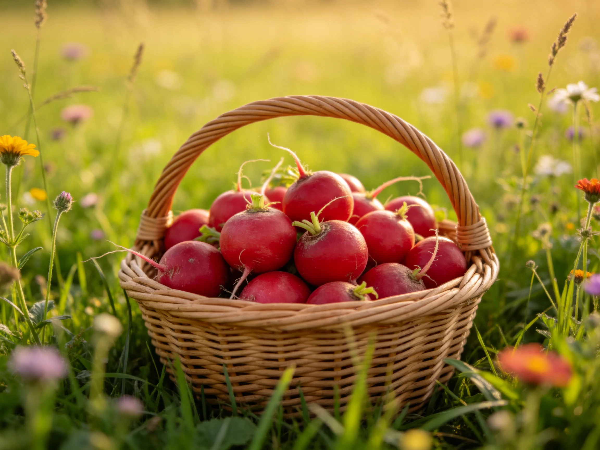 A wicker basket filled with vibrant red radishes sits among wildflowers and tall grass