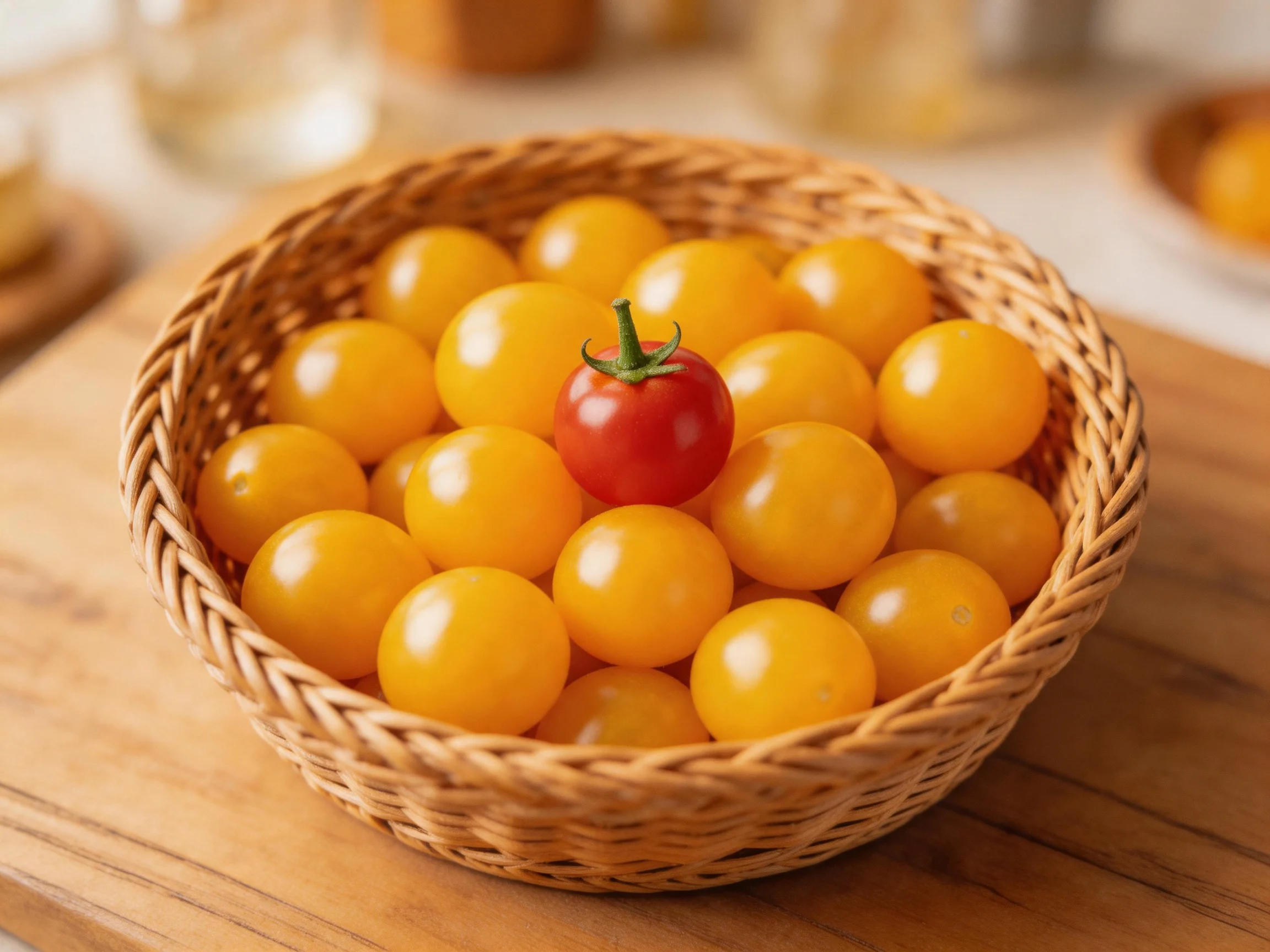 A wicker basket filled with yellow cherry tomatoes has one red tomato centered